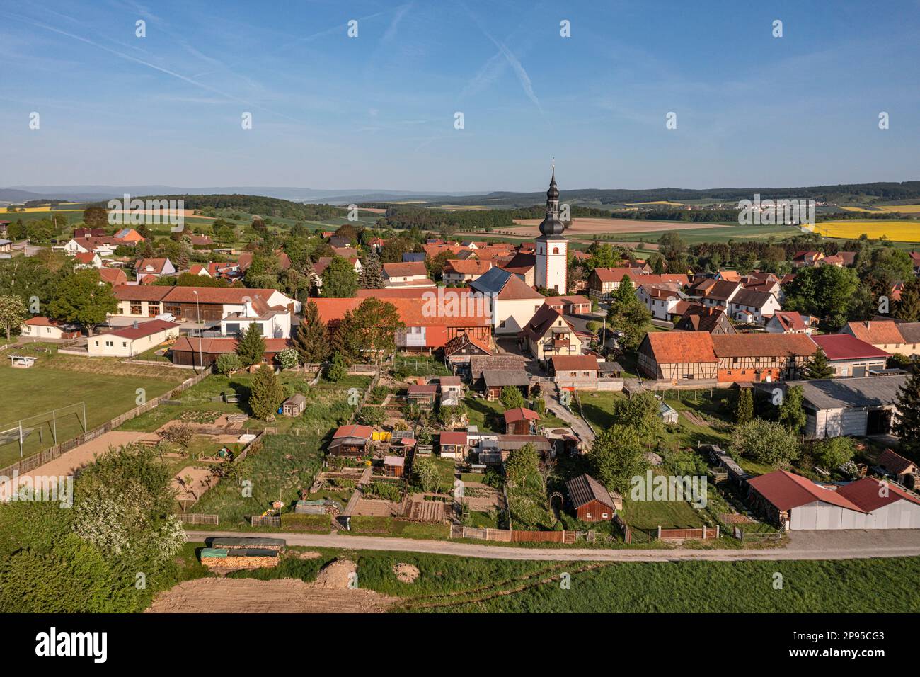Germany, Thuringia, Grabfeld, Berkach, village, church, gardens Stock Photo