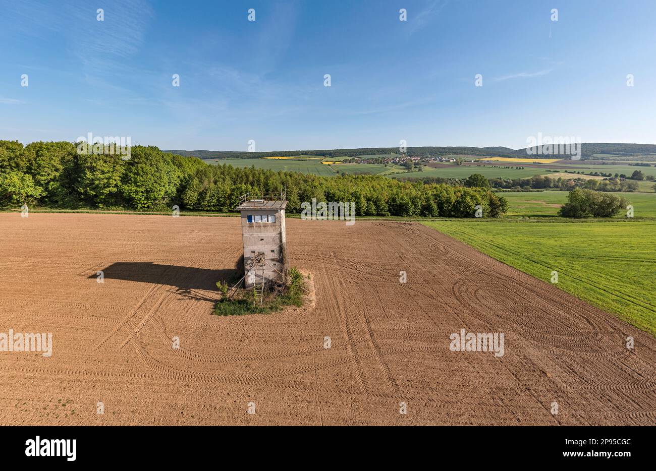 Germany, Thuringia, Grabfeld, Schwickershausen (background), former GDR border watchtower, fields, landscape, overview Stock Photo