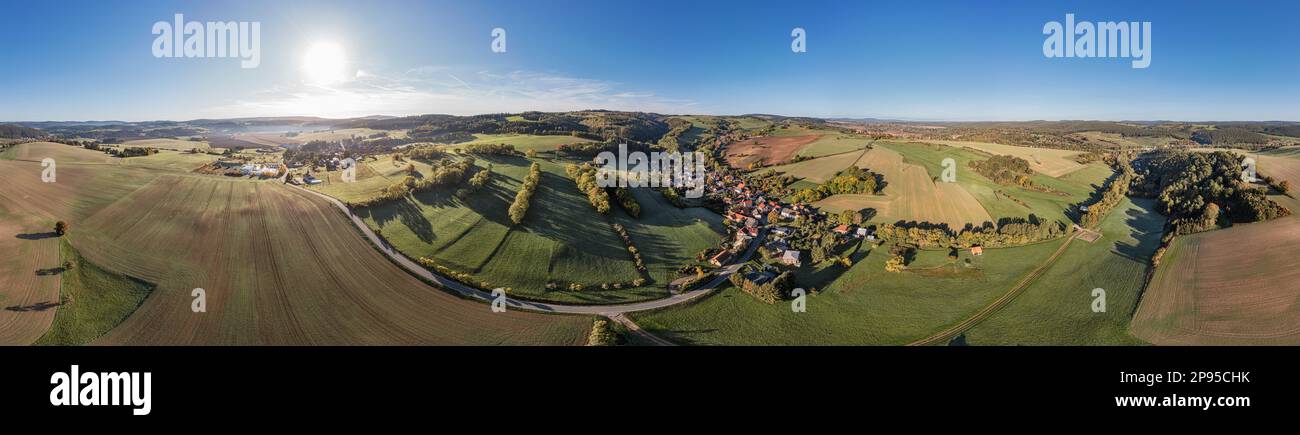Germany, Thuringia, Königsee (background), Lichta, village, fields, overview, aerial view, partly backlight, 36ö° panorama Stock Photo