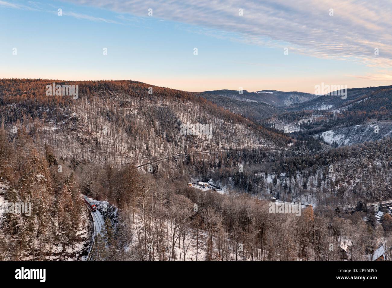 Germany, Thuringia, Schwarzburg, Schwarzatal, regional train 60, train 29874, forest, train, landscape, snow, overview, morning light Stock Photo