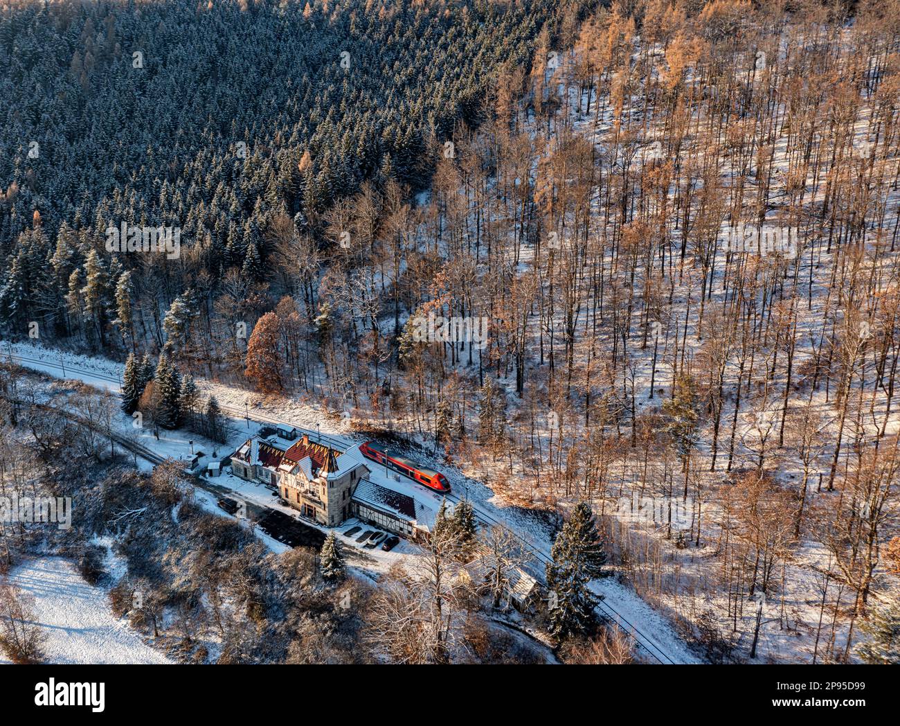 Germany, Thuringia, Schwarzburg, stop, regional train 60, train 29887, house (former reception building), landscape, forest, snow, overview, morning light, oblique view Stock Photo
