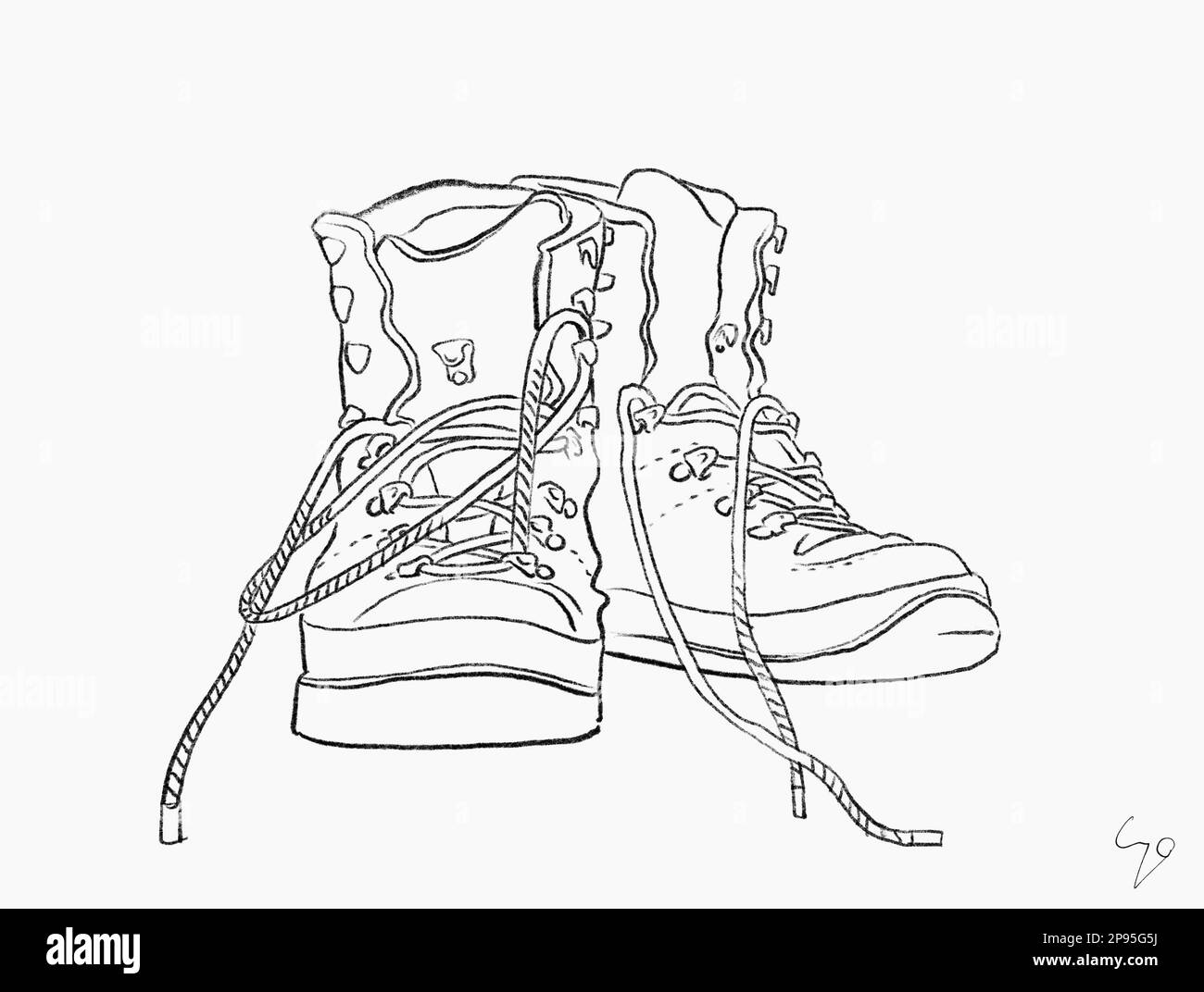Worn hiking boots as line drawing. Illustration Stock Photo Alamy