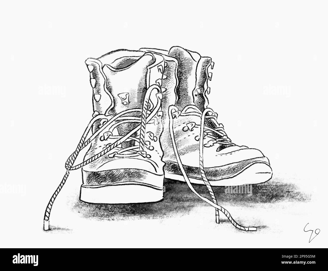 Worn hiking boots as drawing. Illustration Stock Photo
