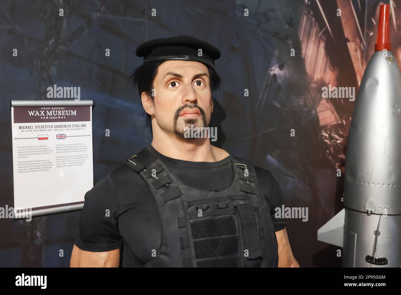 Krakow, Poland, 10.03.2023. Sylvester Stallone wax figure at the