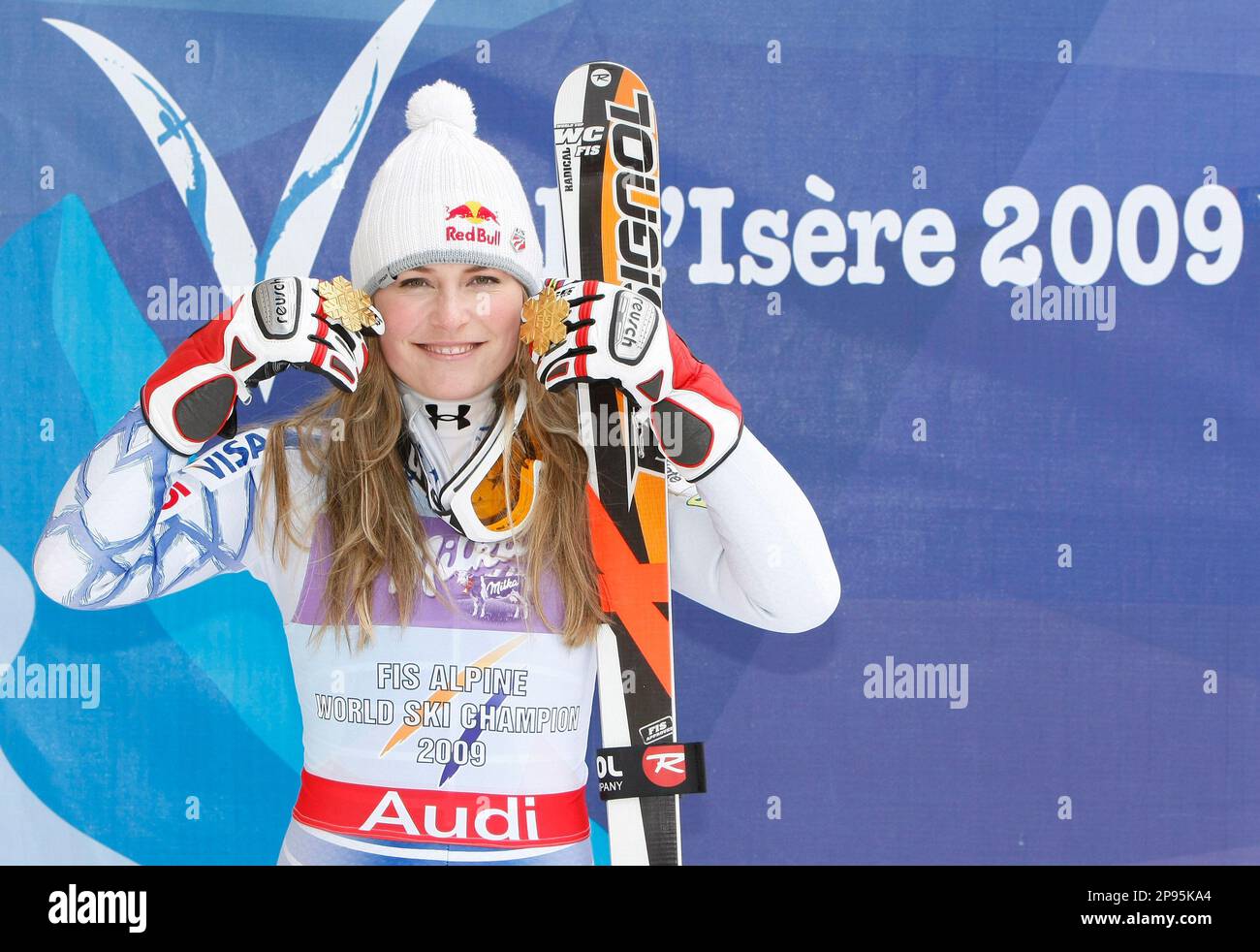 Lindsey Vonn, of the United States, shows the gold medals of the Women