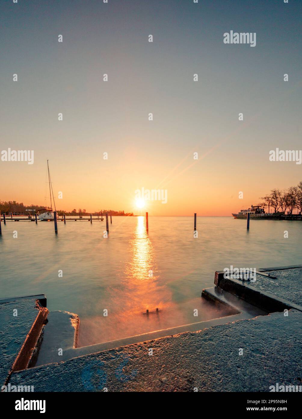 Beautiful morning sunrise at the harbor of Balatonfüred on Lake Balaton
