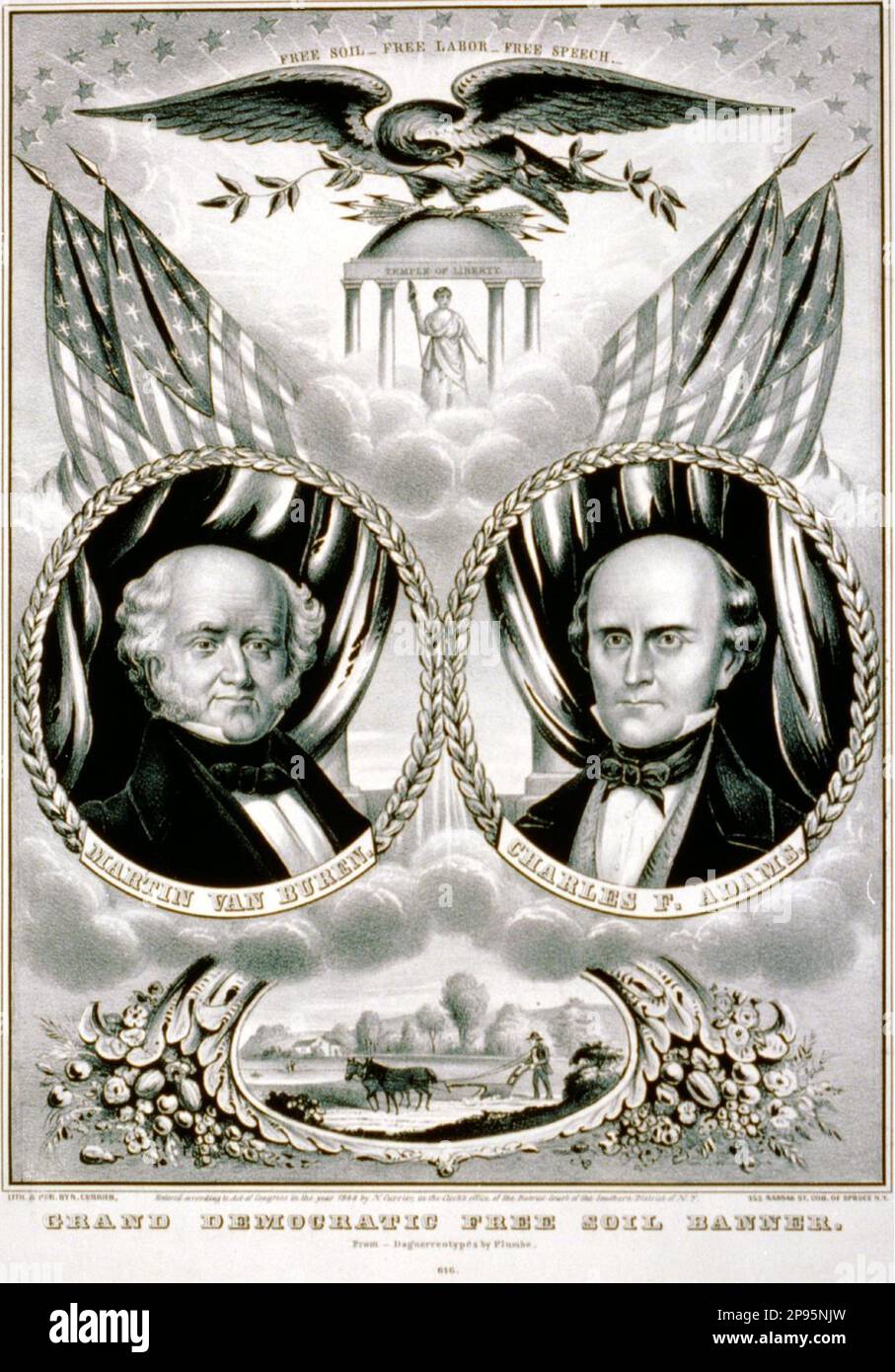 1848 , USA : MARTIN VAN BUREN ( 1782  – 1862 ), 8th President of the United States  from 1837 to 1841 .  Print shows a campaign banner for Free Soil Party candidates Martin Van Buren and Charles Francis Adams in the presidential race of 1848 . - Presidente della Repubblica - USA - ritratto - portrait - cravatta - tie - collar - colletto  - engraving - incisione - UNITED STATES  - STATI UNITI ----  Archivio GBB Stock Photo