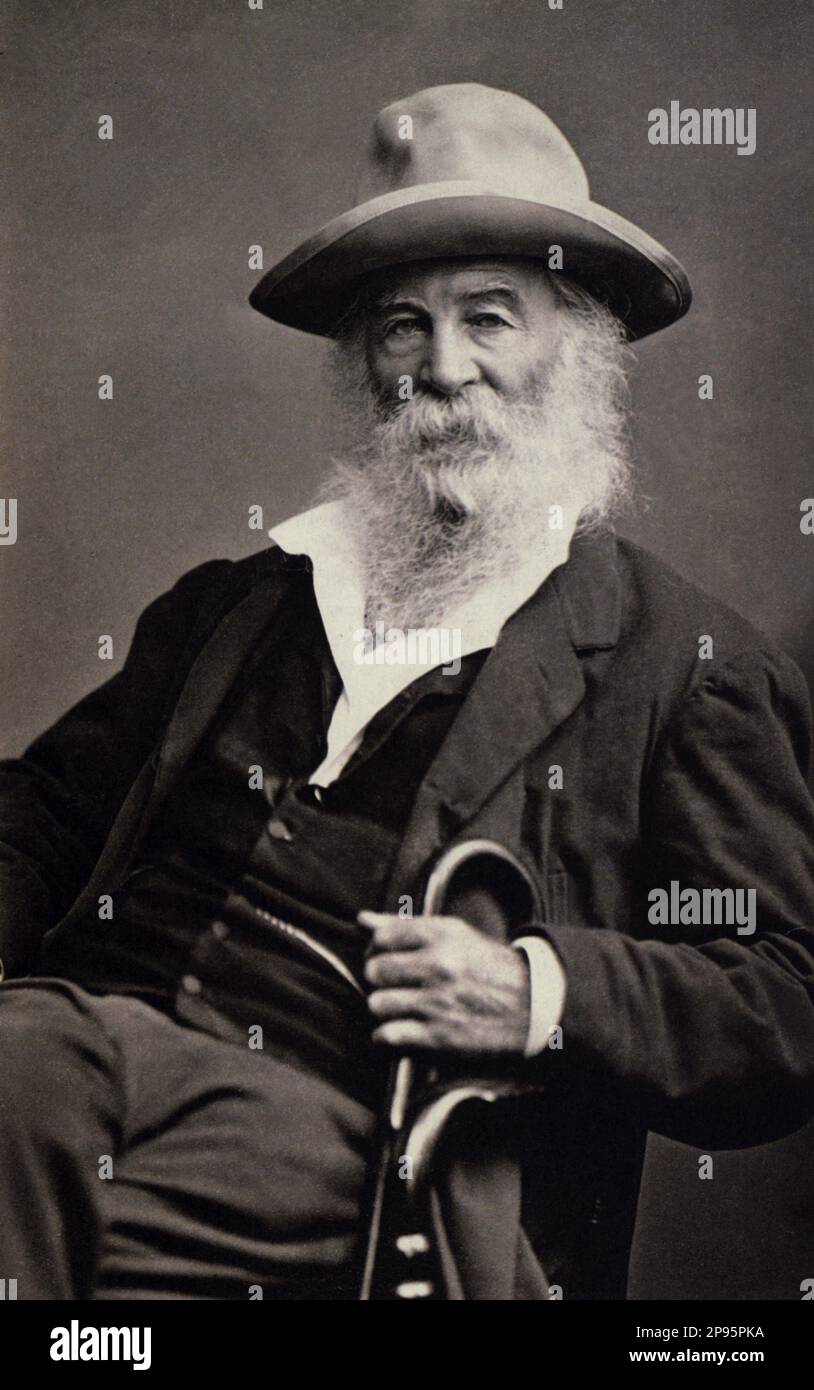 1890 c., USA : The most celebrated U.S.A. poet WALT WHITMAN ( 1819 - 1892 ). - POESIA - POETA - POETRY - portrait - ritratto - hat - cappello - white bear - barba bianca - ancient older man - uomo anziano vecchio - LETTERATURA - LITERATURE - letterato - GAY - Homosexual - Homosexuality -  omosessualità - LGBT - - Omosessuale - portrait - ritratto - bastone da passeggio - cane  ----  Archivio GBB Stock Photo