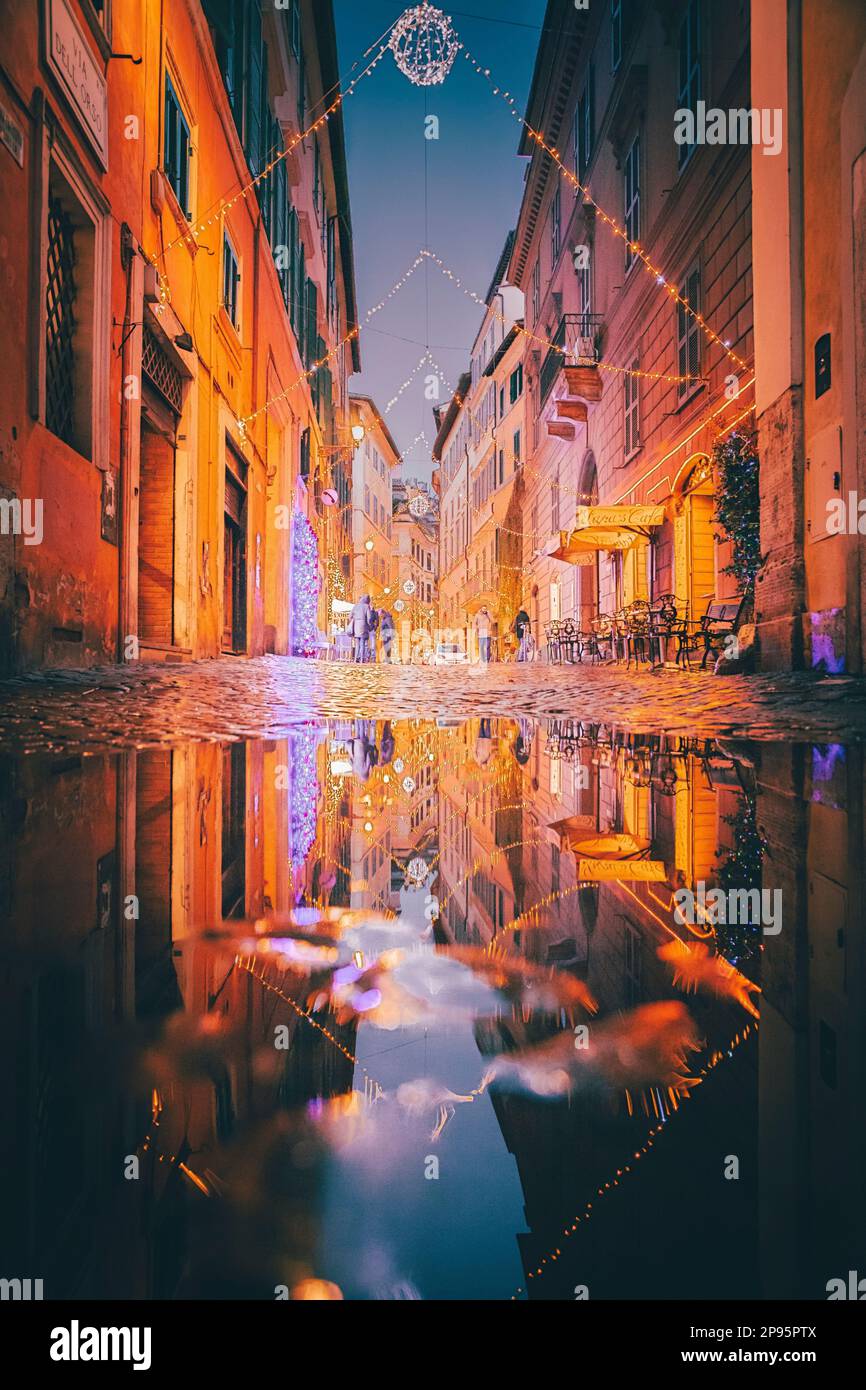 The ancient streets, alleys and houses of Rome at night, beautifully