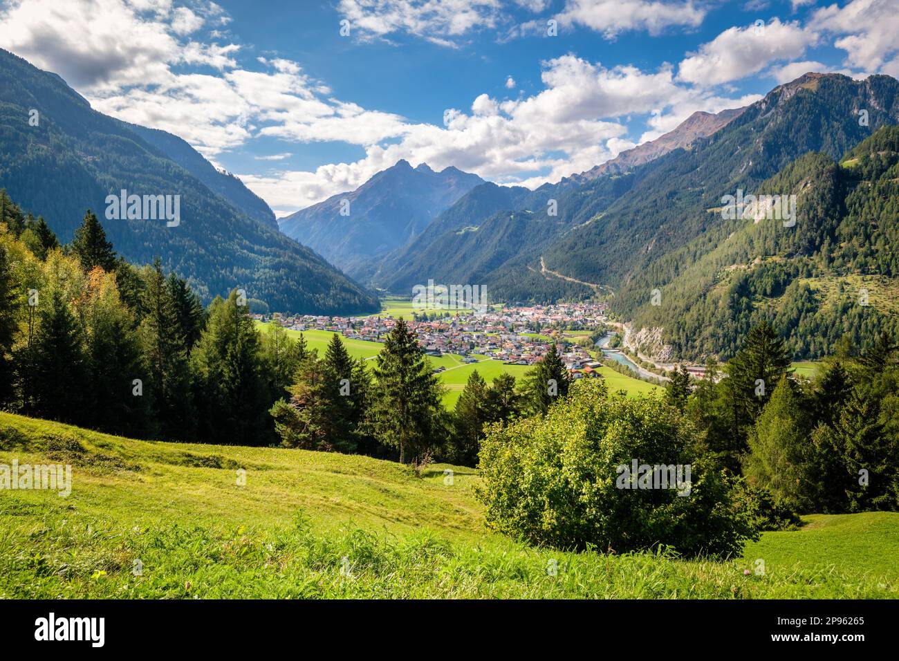 Pfunds is a village in the Inntal Valley. It is nestled in a corner of Tirol at the point where three countries (Austria, Italy and Switzerland) meet Stock Photo