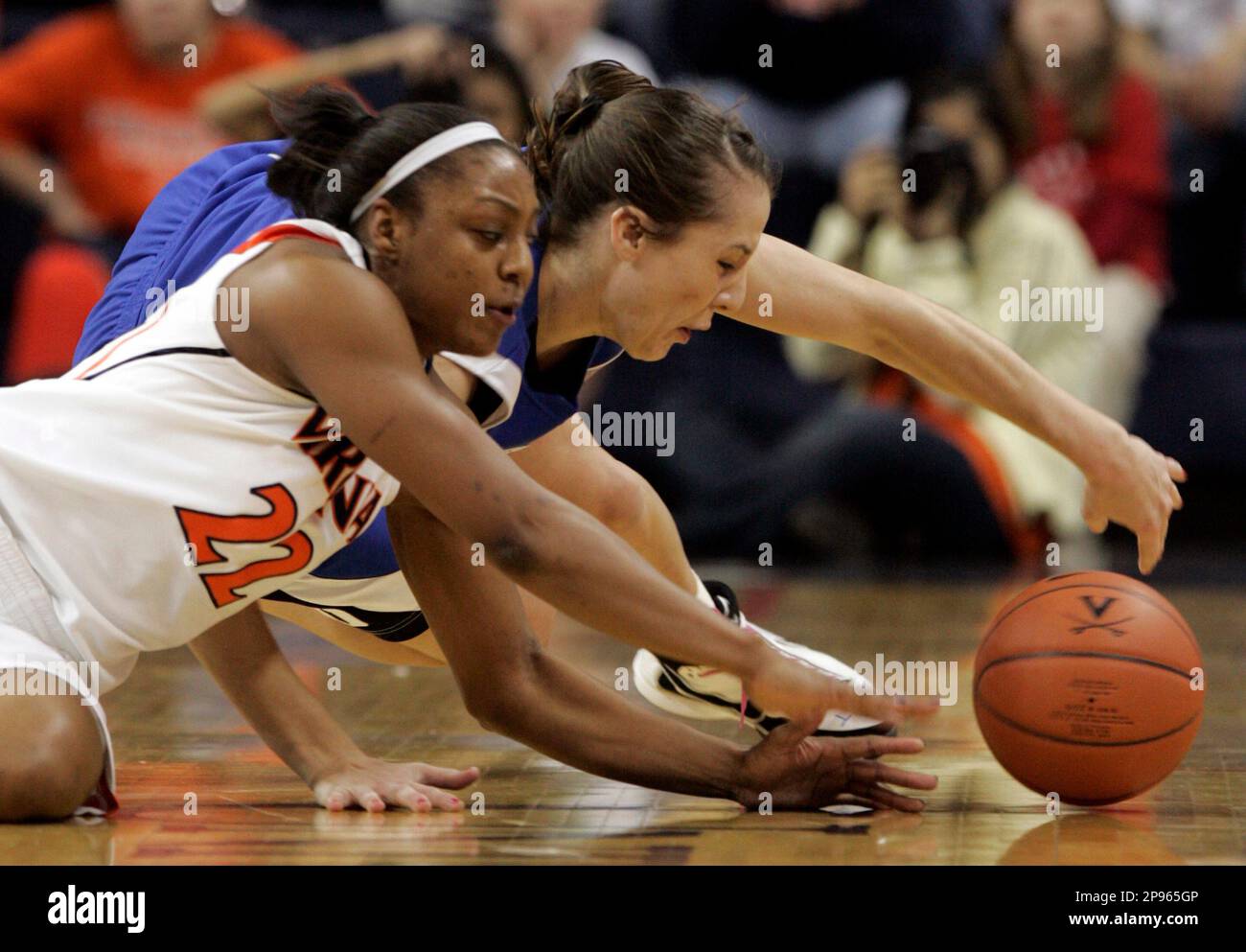 Virginia guard Monica Wright (22) chases a loose ball with Duke guard ...