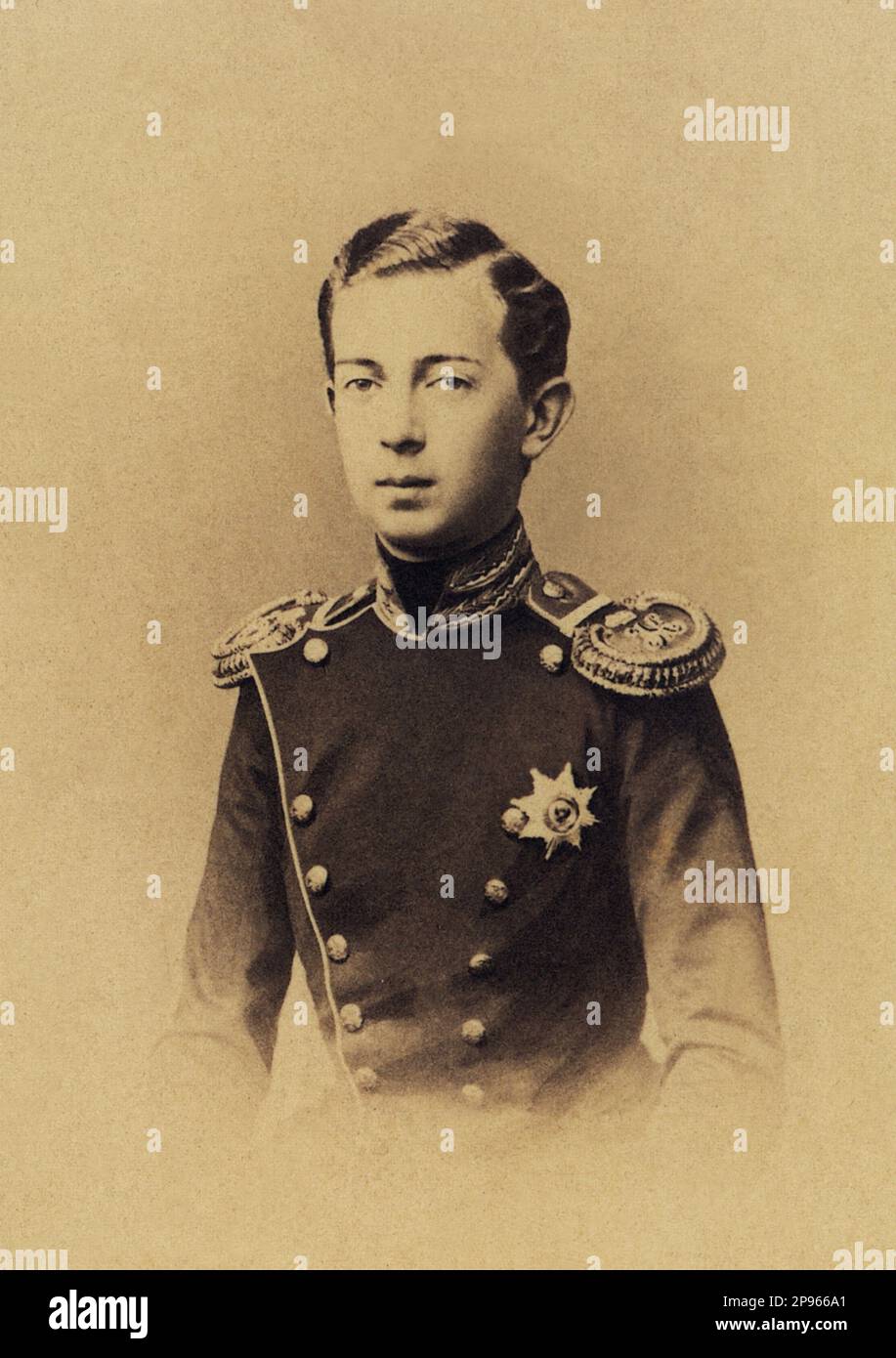 1878 c, RUSSIA : The russian Tsar Nicholas II of Russia (  1868– 1918) ( Nikolay II ) was the last Emperor of Russia, King of Poland and Grand Duke of Finland . He ruled from 1894 until his forced abdication in 1917 .  His rule ended with the Russian Revolution of 1917, after which he and his family were executed by Bolsheviks .  Subsequent to his canonization, he has been regarded as Saint Nicholas The Passion Bearer by the Russian Orthodox Church . - foto storiche - foto storica  - portrait - ritratto -  Nobiltà  - nobility - nobili  - nobile - BELLE EPOQUE  - RUSSIA - ZAR - Czar - TZAR - RU Stock Photo