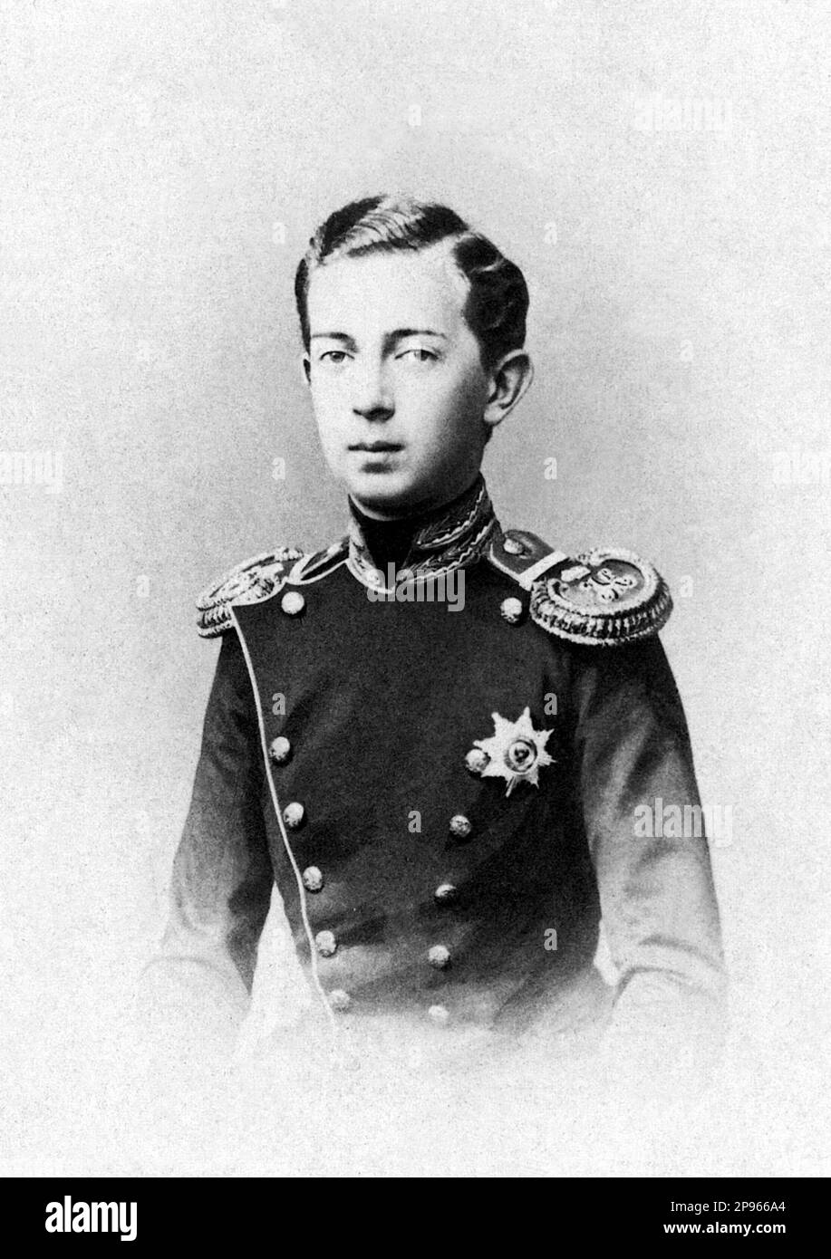 1878 c, RUSSIA : The russian Tsar Nicholas II of Russia (  1868– 1918) ( Nikolay II ) was the last Emperor of Russia, King of Poland and Grand Duke of Finland . He ruled from 1894 until his forced abdication in 1917 .  His rule ended with the Russian Revolution of 1917, after which he and his family were executed by Bolsheviks .  Subsequent to his canonization, he has been regarded as Saint Nicholas The Passion Bearer by the Russian Orthodox Church . - foto storiche - foto storica  - portrait - ritratto -  Nobiltà  - nobility - nobili  - nobile - BELLE EPOQUE  - RUSSIA - ZAR - Czar - TZAR - RU Stock Photo