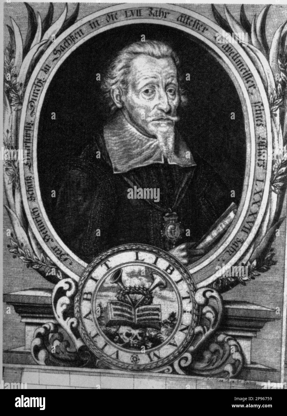 The german Baroque music composer HEINRICH SCHUTZ ( 1585 - 1672 ), friend of italian composer Claudio Monteverdi . Portrait engravyng by Christian Romstedt , 1670 ca . - COMPOSITORE - OPERA LIRICA - CLASSICA - CLASSICAL - PORTRAIT - RITRATTO - MUSICISTA - MUSICA  BAROCCA - collar - colletto - beard - barba - incisione - -- ARCHIVIO GBB Stock Photo