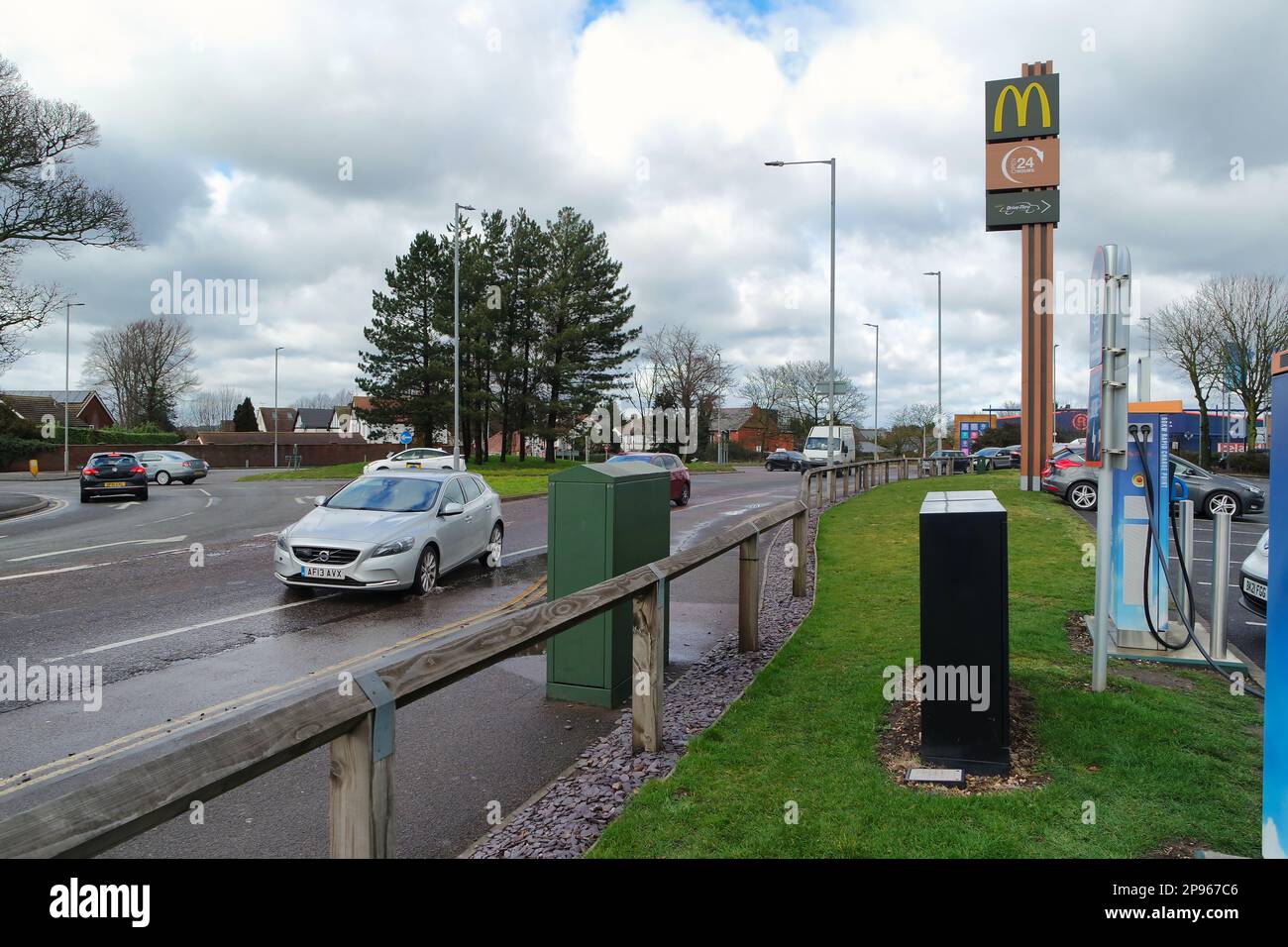British Super Markets and Business and Roads with Traffic. Aerial Footage of Commercial Retail