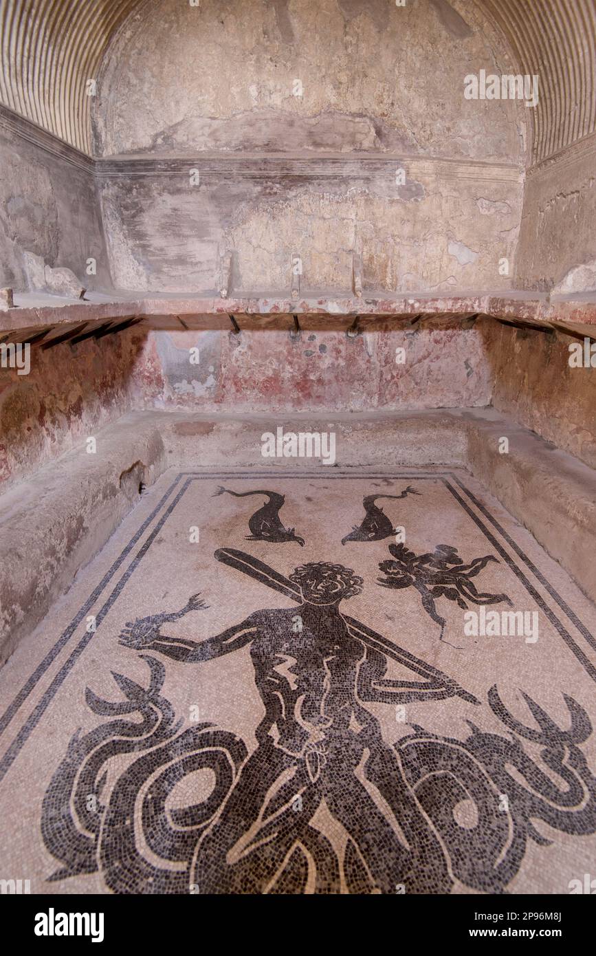 Black and white mosaic on the floor of the Women's baths. Herculaneum uncovered. Herculaneum was buried under volcanic ash and pumice in the eruption of Mount Vesuvius in AD 79. Ercolano, Campania, Italy Stock Photo