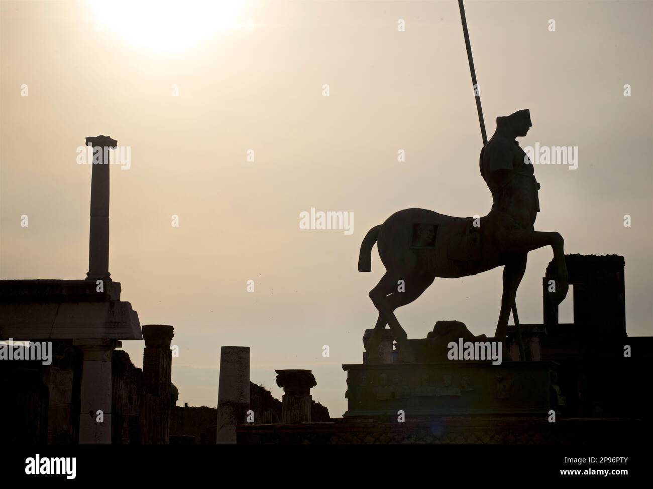 Centauro of bronze statue titled 'Centauro' by modern Polish artist Igor Mitoraj, set amongst the    ruins of Pompei, Naples, italy Stock Photo