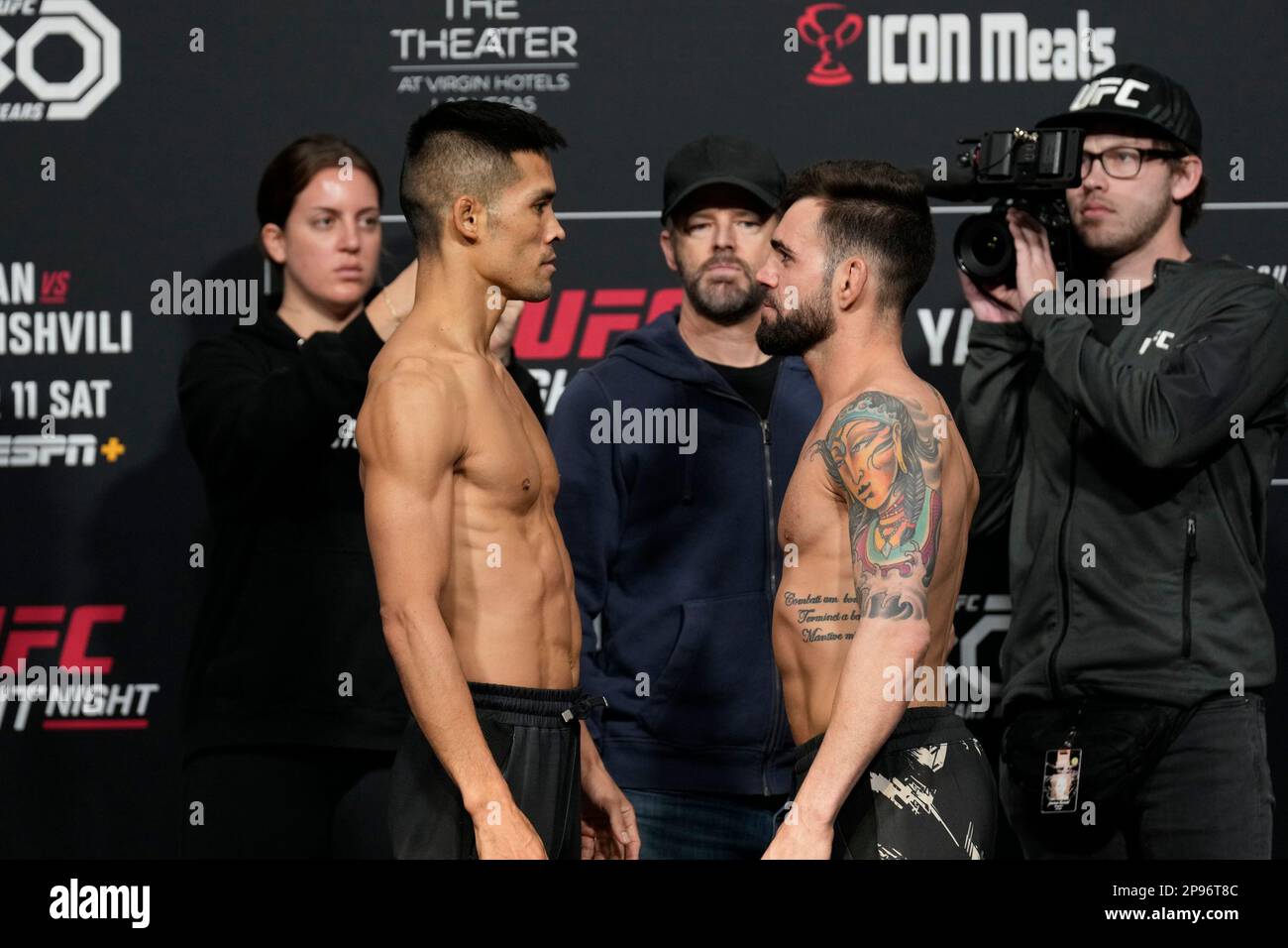 March 10, 2023, Las Vegas, NV, LAS VEGAS, NV, United States: LAS VEGAS, NV - MARCH 10: (L) Tyson Nam and Bruno Silva face-off following the official weigh-ins at UFC Apex for UFC Fight Night - Vegas 71 - Yan vs Dvalishvili on March 10, 2023 in Las Vegas, NV, United States. (Credit Image: © Louis Grasse/PX Imagens via ZUMA Press Wire) EDITORIAL USAGE ONLY! Not for Commercial USAGE! Stock Photo