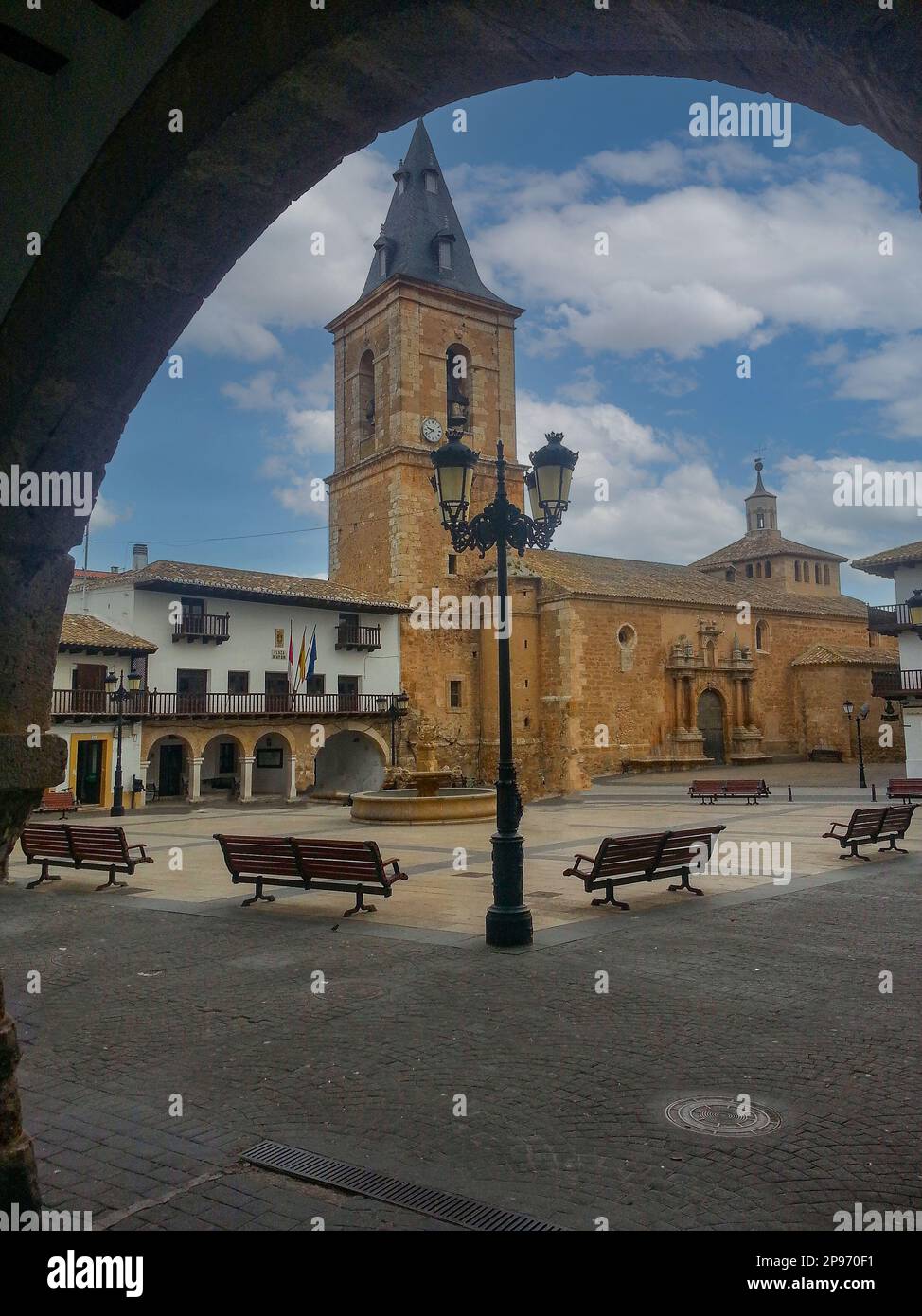 Central square in the town of Tarazona de la Mancha, province of Albacete, Spain. Stock Photo