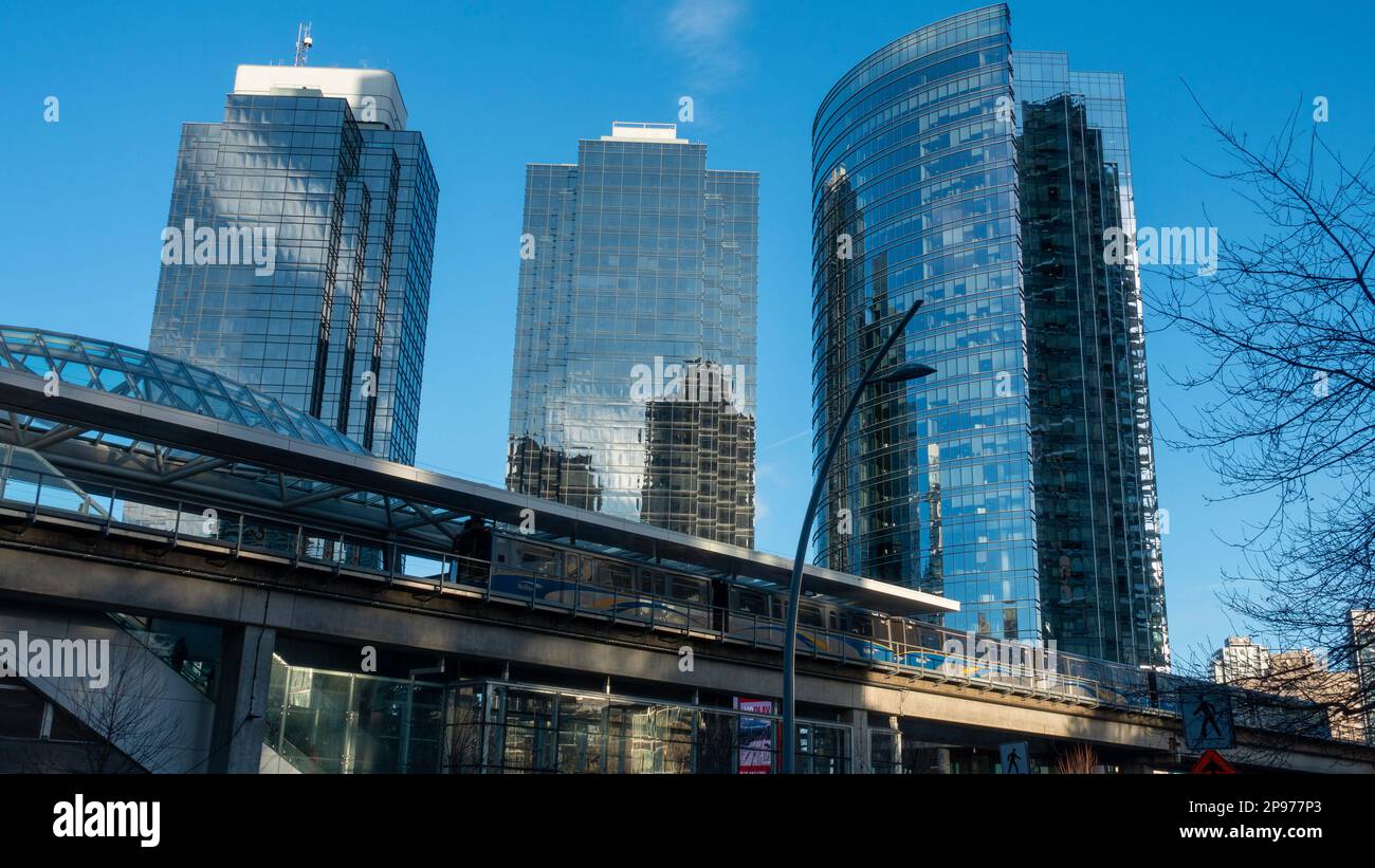 March 9 2023- Metrotown Skytrain Station and Modern Highrise Buildings in Metrotown Burnaby, British Columbia Canada Stock Photo