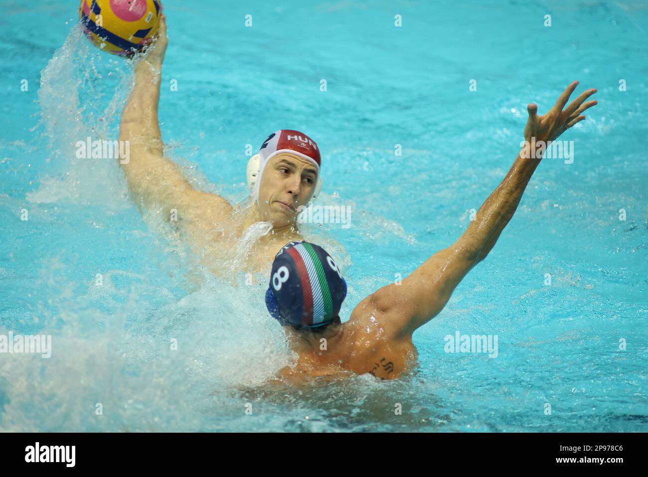 ZAGREB, CROATIA - MARCH 10: Daniel Angyal of Hungary and Gonzalo Echenique of Italy in action during Men's Water Polo World Cup match between Hungary and Italy on March 10, 2023 in Zagreb, Croatia. Photo: Marko Prpic/PIXSELL Stock Photo