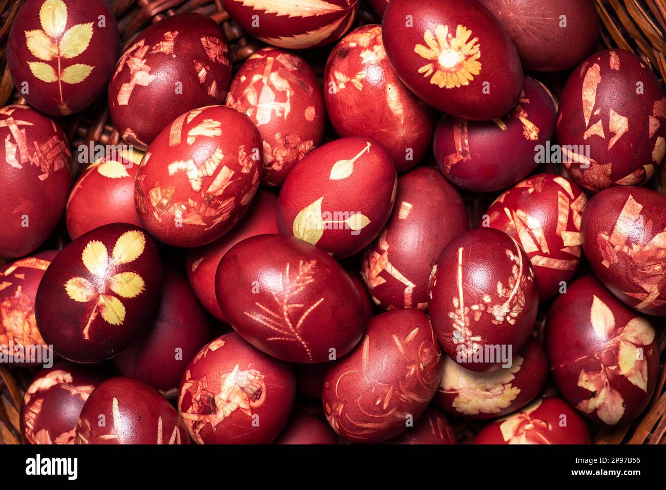 Traditional easter eggs dyed in onion peel. Light Easter holiday. Religious traditions. Stock Photo