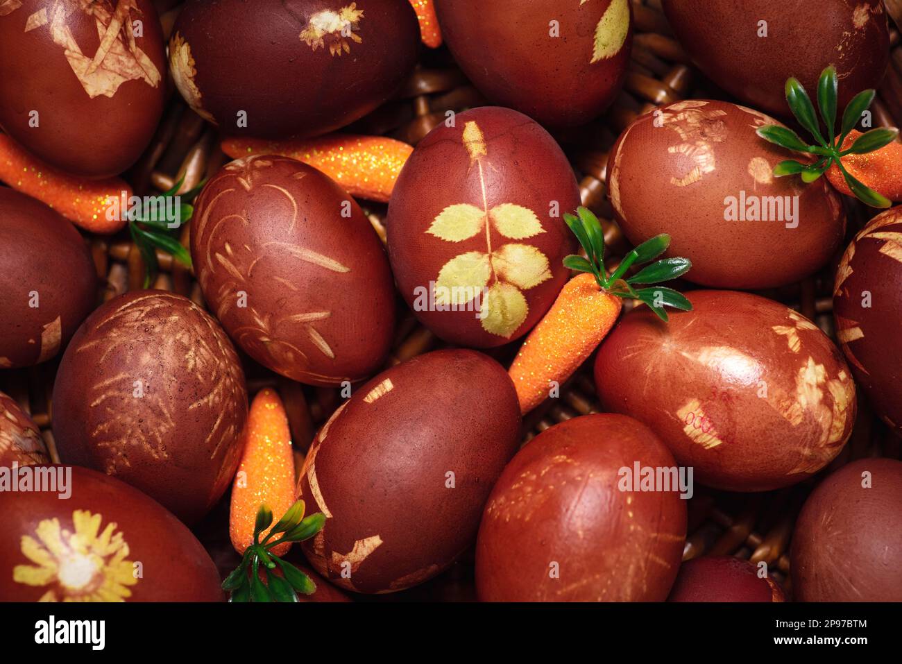 Traditional easter eggs dyed in onion peel. Light Easter holiday. Religious traditions. Stock Photo