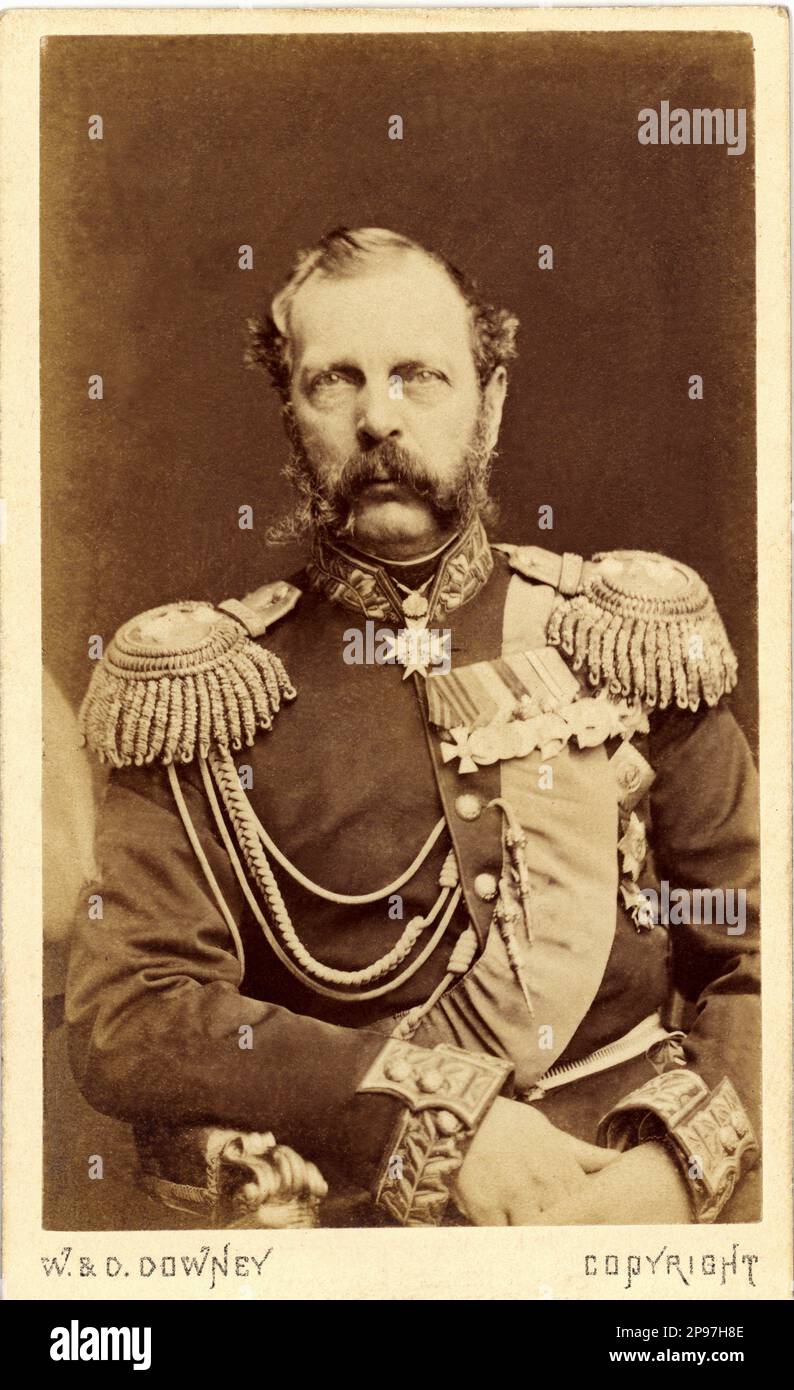 The russian Tsar  Alexander ( Aleksandr ) II Nikolaevich ( 1818 - 1881 ), reigned as Emperor of Russia from from 3 March 1855 until his assassination in 1881.  He was also the Grand Duke of Finland .  Son of Tsar Nicholas I and Charlotte of Prussia, daughter of Frederick William III of Prussia and Louise of Mecklenburg-Strelitz. His early life gave little indication of his ultimate potential; until the time of his accession in 1855, few imagined that he would be known to posterity as a great reformer . Married with Marie of Hesse and by Rhine ( 1824 - 1880 ) , father of Tsar Alexander III ( Al Stock Photo