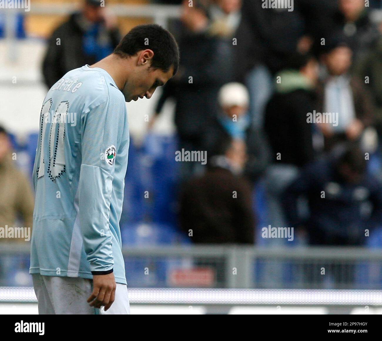 Lazio forward Mauro Matias Zarate, of Argentina, reacts after missing a  penalty during a Serie A soccer match between Lazio and Cagliari at Rome's  Olympic stadium, Sunday Jan. 25, 2009. (AP Photo/Alessandra