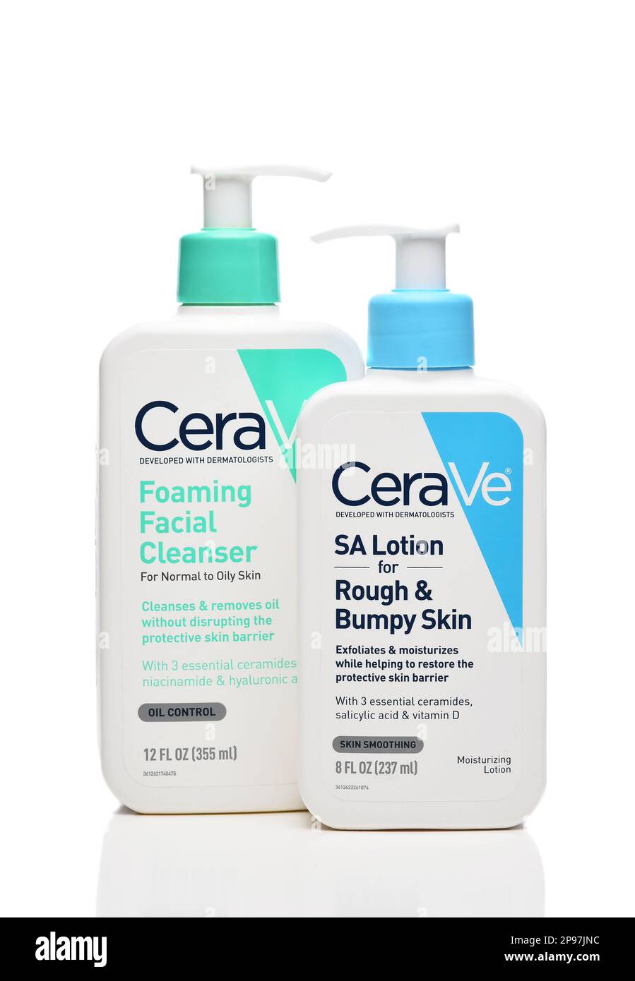 IRVINE, CALIFORNIA - 10 MAR 2023: Two Bottles of CeraVe Facial Cleanser and Lotion. Stock Photo