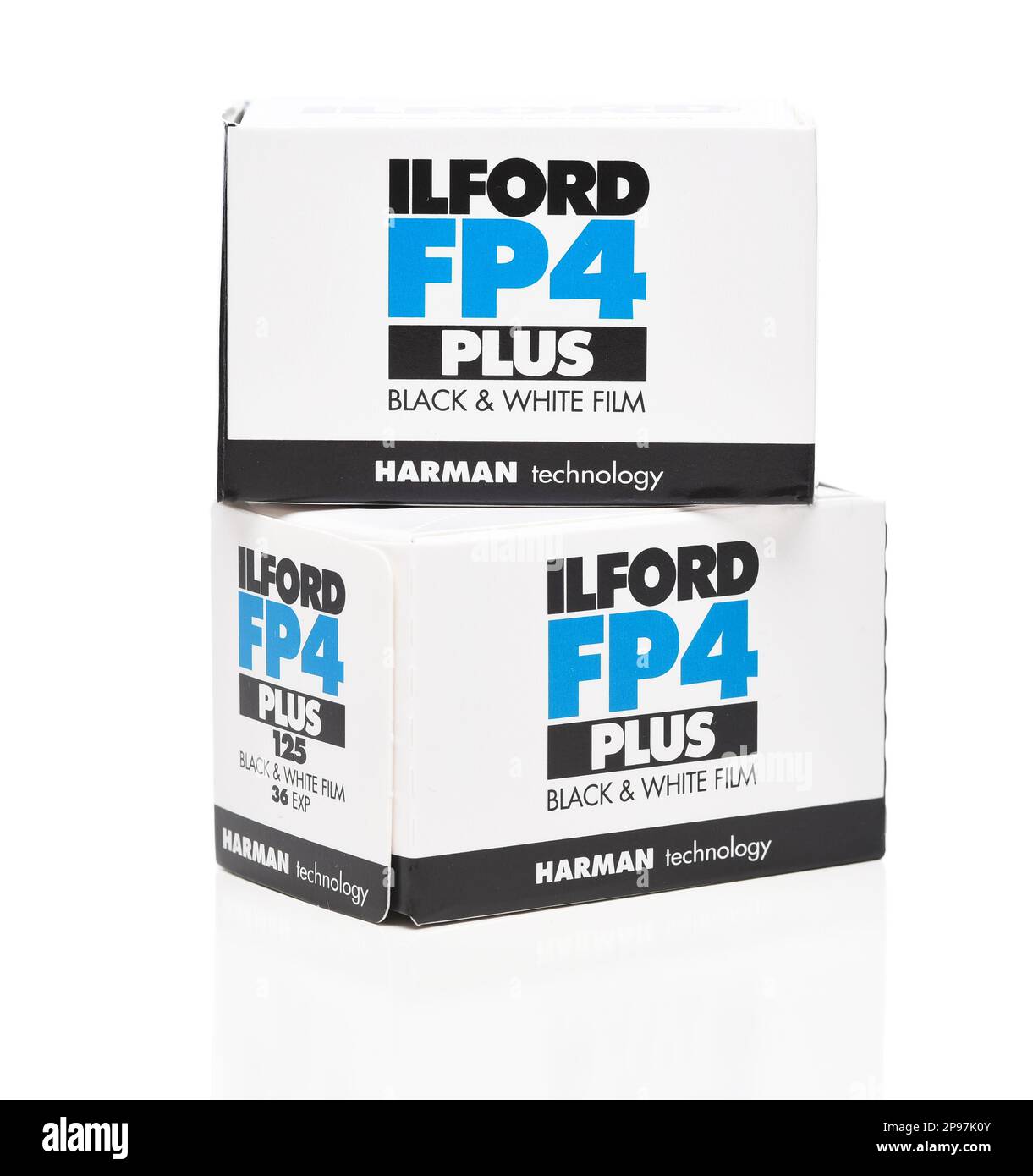 IRVINE, CALIFORNIA - 10 MAR 2023: Two boxes of Ilford FP4 Plus 35mm Black and White Film, ISO 125, from Harman Technology. Stock Photo