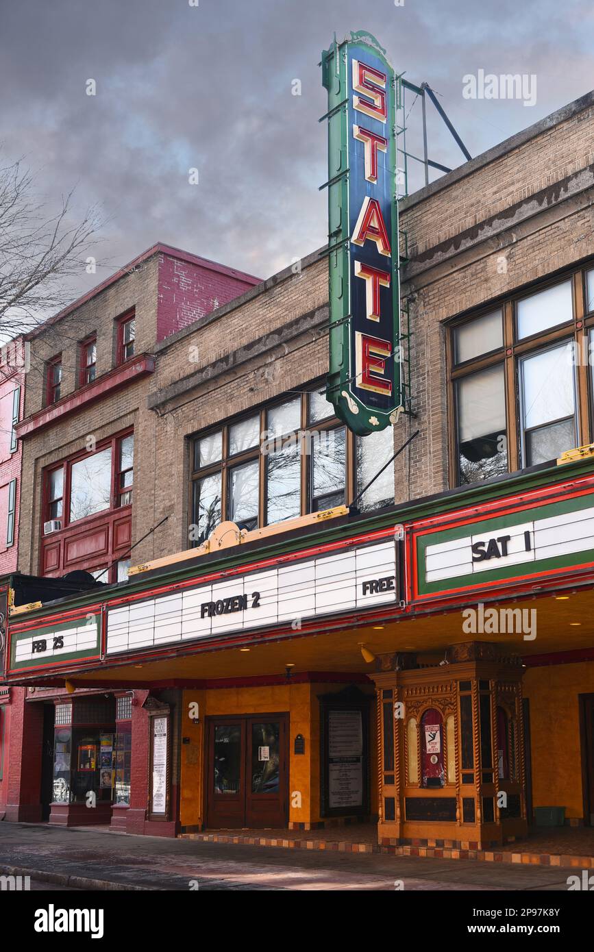 ITHACA, NEW YORK - 26 FEB 2023: State Theater of Ithaca, just off the Ithaca Commons in downtown, hosts events from bands, to plays, to comedy acts, t Stock Photo