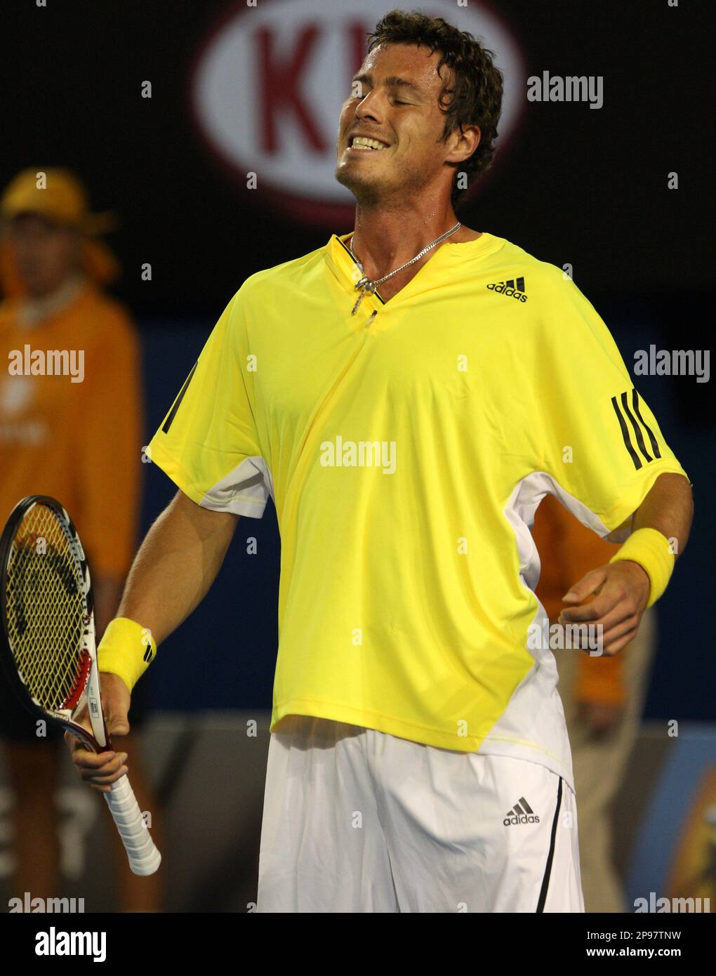 Russia's Marat Safin reacts as he plays Switzerland's Roger Federer during  their men's singles match at the Australian Open tennis tournament in  Melbourne, Australia, Friday, Jan. 23, 2009. (AP Photo/Rick Stevens Stock
