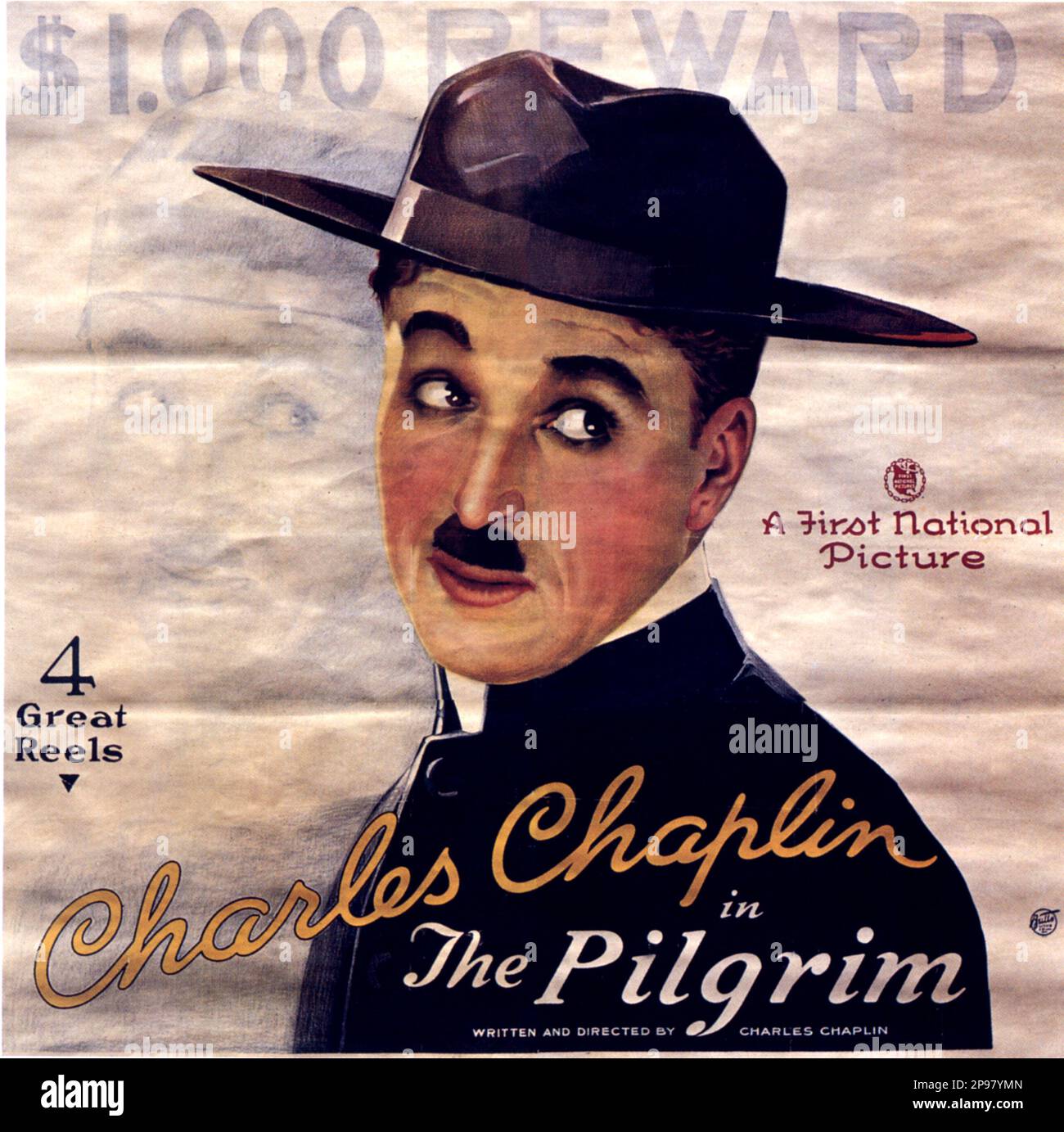 1923 : The original movie poster  of silent movie actor and movie director CHARLES CHAPLIN ( 1889 - 1977 ) in THE PILGRIM - CINEMA - FILM - candid - portrait - ritratto - hat - cappello - regista cinematografico - attore  - comico  - USA - FILM - MOVIE - CINEMA   - poster pubblicitario - poster - advertising - locandina   ----   Archivio GBB Stock Photo