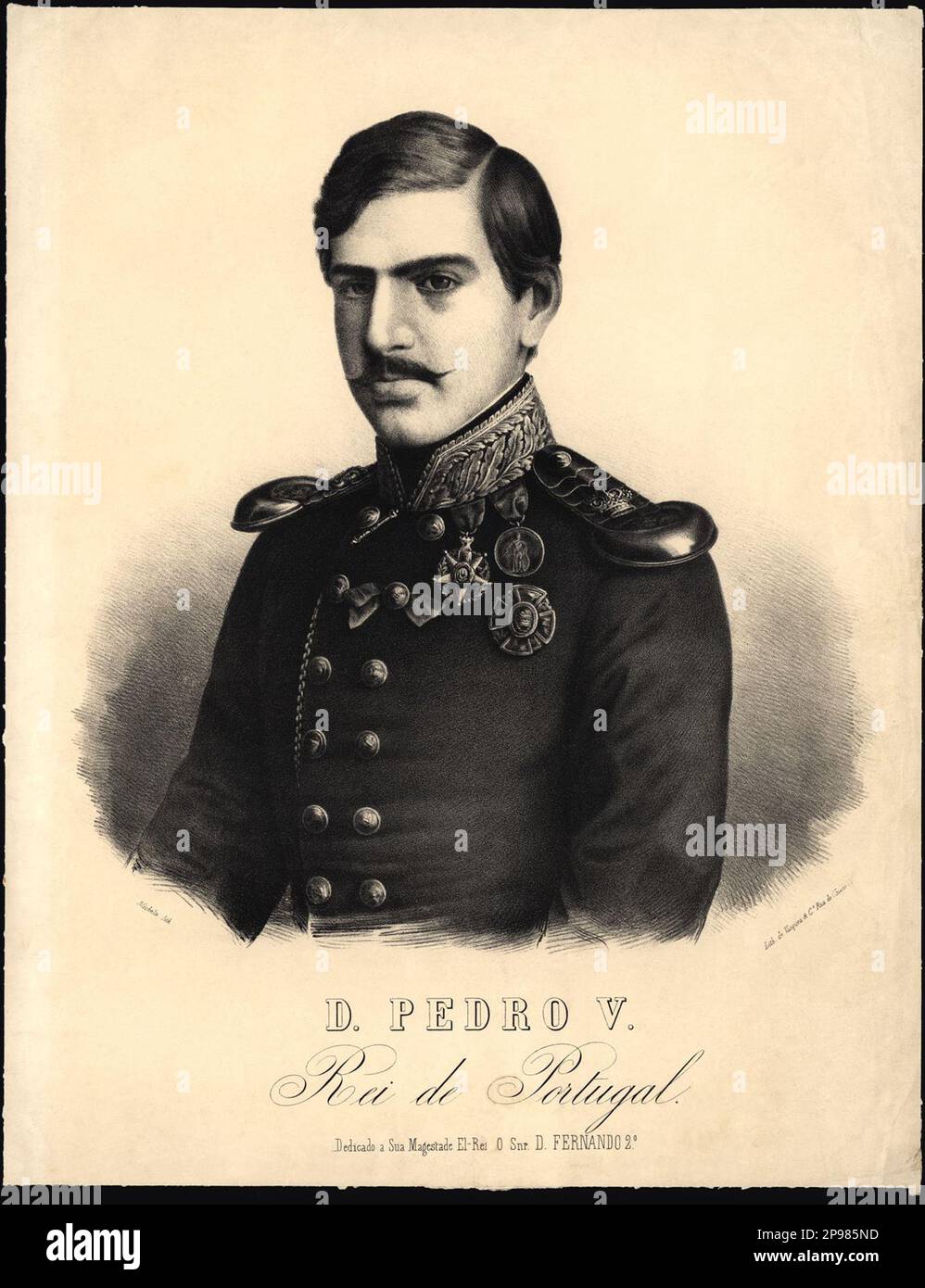 1890 ca., PORTUGAL  : The King of Portugal  Dom PEDRO V ( 1837 - 1861 ) de Saxe-Coburgo-Gotha e Braganca . He was the oldest son of Queen Maria II and her King-Consort Ferdinand II and was born in his mother's reign . However, this was unable to save the life of the young king who died (along with his brother Ferdinand) of cholera in 1861. He was married to Princess Stephanie of Hohenzollern-Sigmaringen, but had no children and the throne then passed to his brother Luis ( King Luis I ) - CASA de BRAGANCA e Habsburgo - BRAGANZA  - PORTOGALLO  -  REALI - Nobiltà    - NOBILITY - ROYALTY - HISTORY Stock Photo