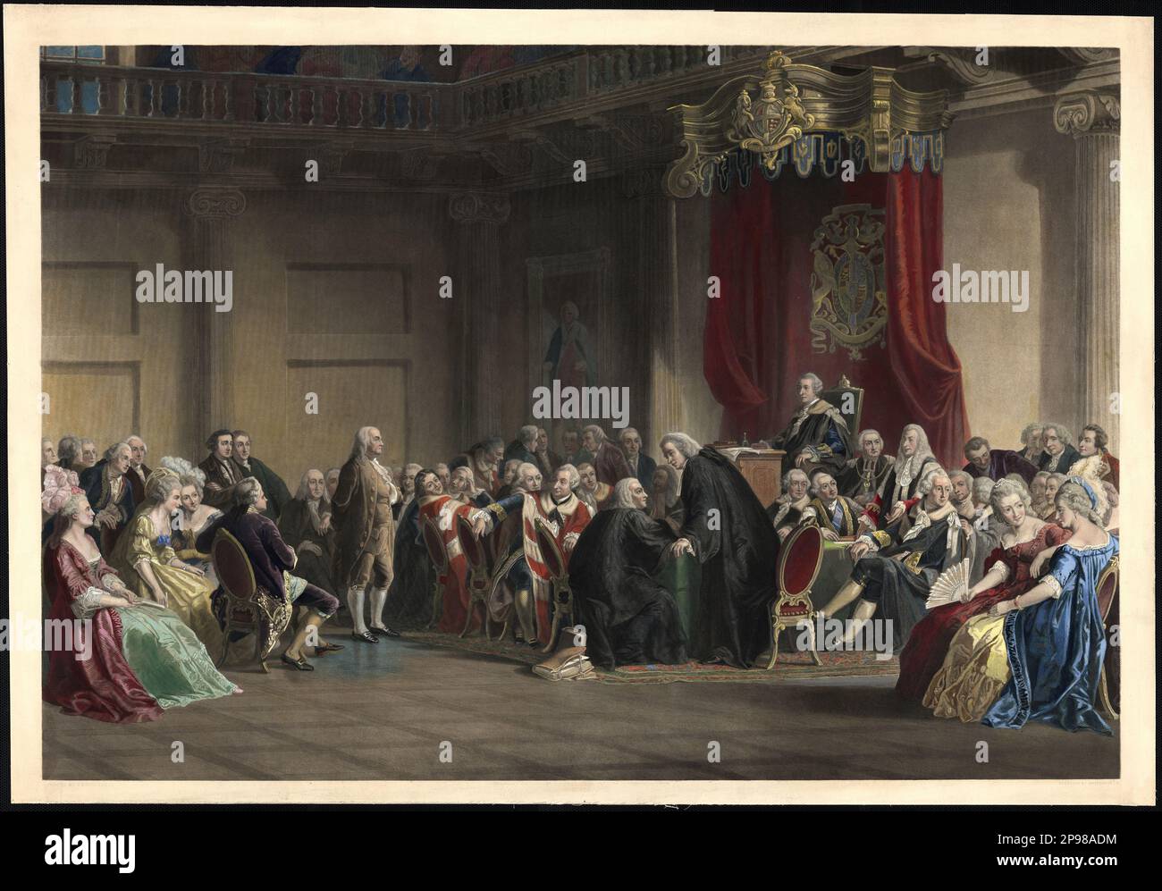 The american inventor , writer and politician BENJAMIN FRANKLIN ( 1706 - 1790 ) in England  before the Lord 's council, Whitehall Chapel, London, 1774  painted by C. Schuessele ,  engraved by Whitechurch 1859  , USA - POLITICO - POLITICA - POLITIC  -  STATISTA - foto storiche - foto storica - portrait - ritratto   ----   Archivio GBB Stock Photo