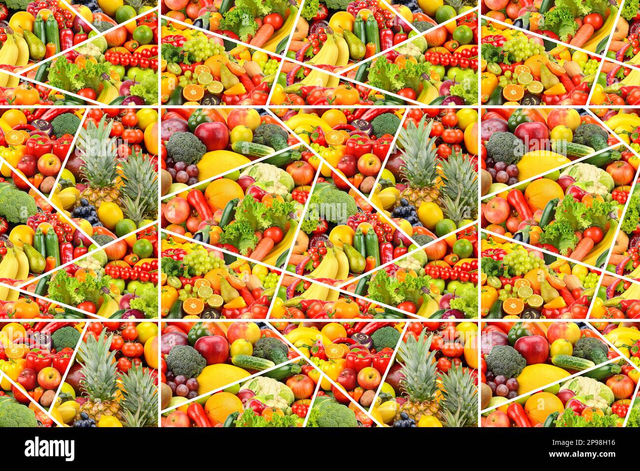 Beautiful seamless pattern wholesome colorful fruits, vegetables and berries. Stock Photo