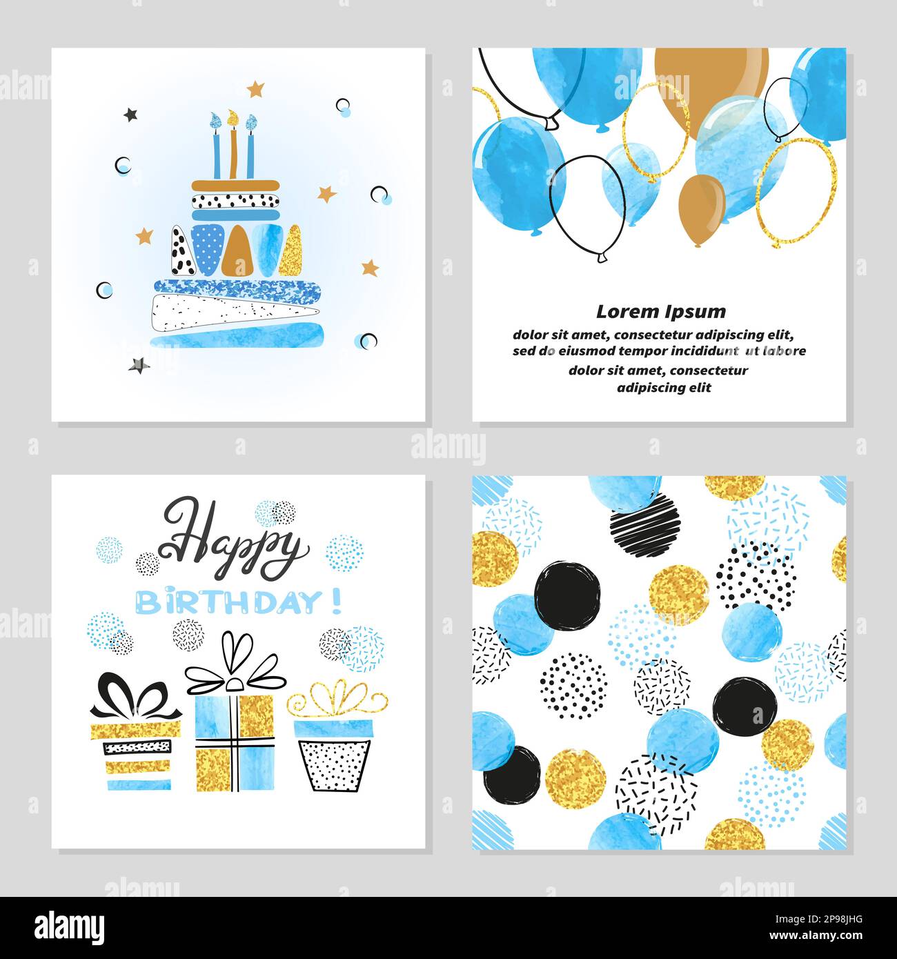 Happy Birthday Cards Set In Blue And Golden Colors. Celebration Vector ...