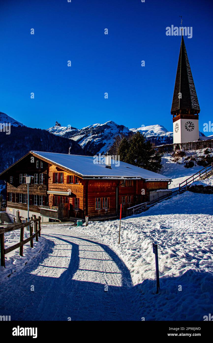 Beautiful sunny day in the snowy Swiss Alps, with the best views of the