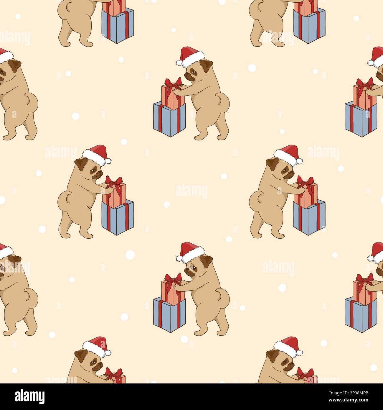 Christmas pattern with cute pugs and gifts. Vector holiday background ...