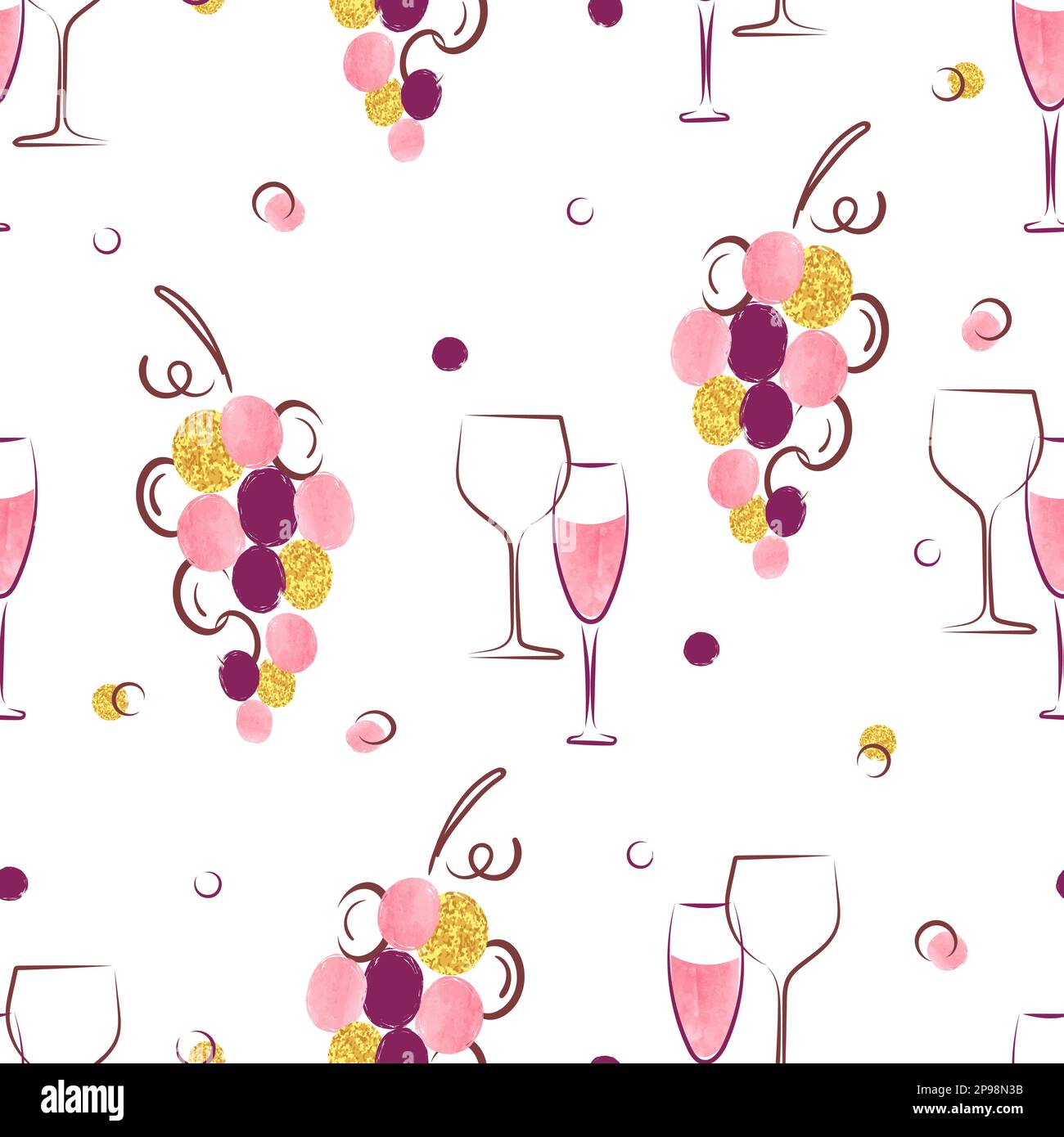 Seamless pattern with wine glasses and grapes. Vector alcohol background. Stock Vector