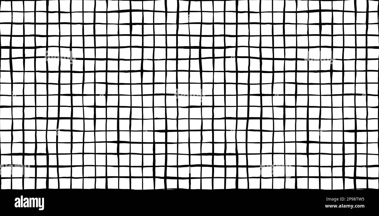 Seamless windowpane grid squares pattern made of wonky hand drawn black ink lines on white background. Simple abstract blender motif texture in a tren Stock Photo