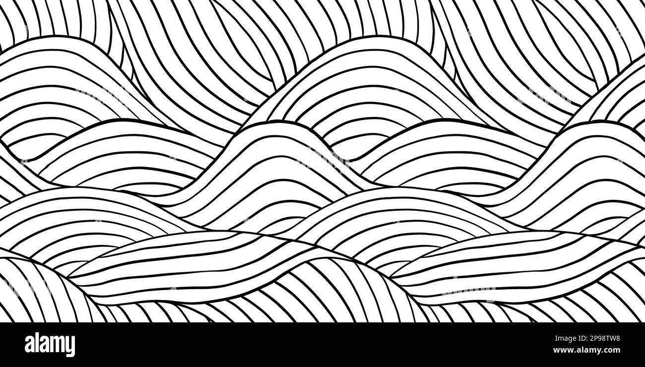 Seamless rolling hills landscape pattern made of wavy hand drawn black ink lines on white background. Simple abstract blender motif texture in a trend Stock Photo