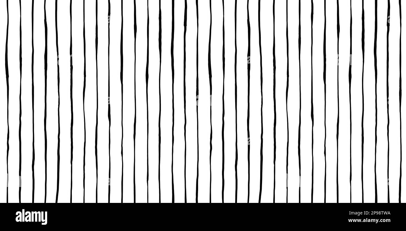 Seamless vertical pinstripe pattern made of wonky hand drawn black ink pin stripes on white background. Simple abstract blender motif texture in a tre Stock Photo
