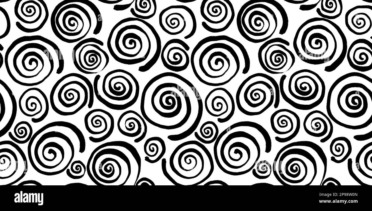 Seamless pinwheel squiggly spiral pattern made of wonky hand drawn black ink lines on white background. Simple abstract blender motif texture in a tre Stock Photo