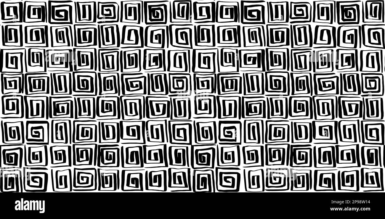 Seamless Egyptian motif or Greek key pattern of wonky hand drawn black ink spiral square lines on white background. Simple abstract blender texture in Stock Photo