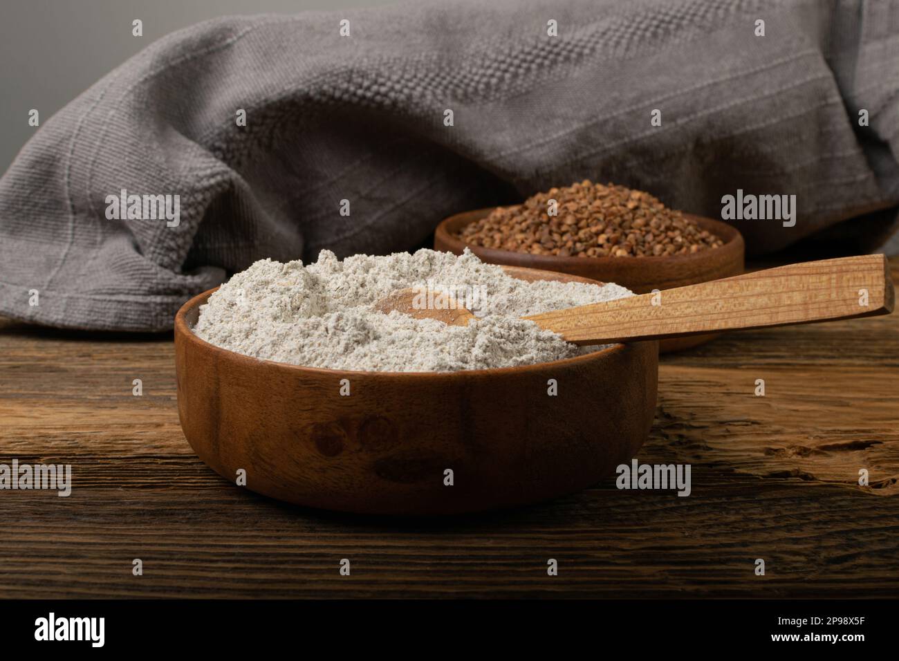 Buckwheat Flour Pile in Wood Bowl, Dry Buck Wheat Powder, Buckwheat