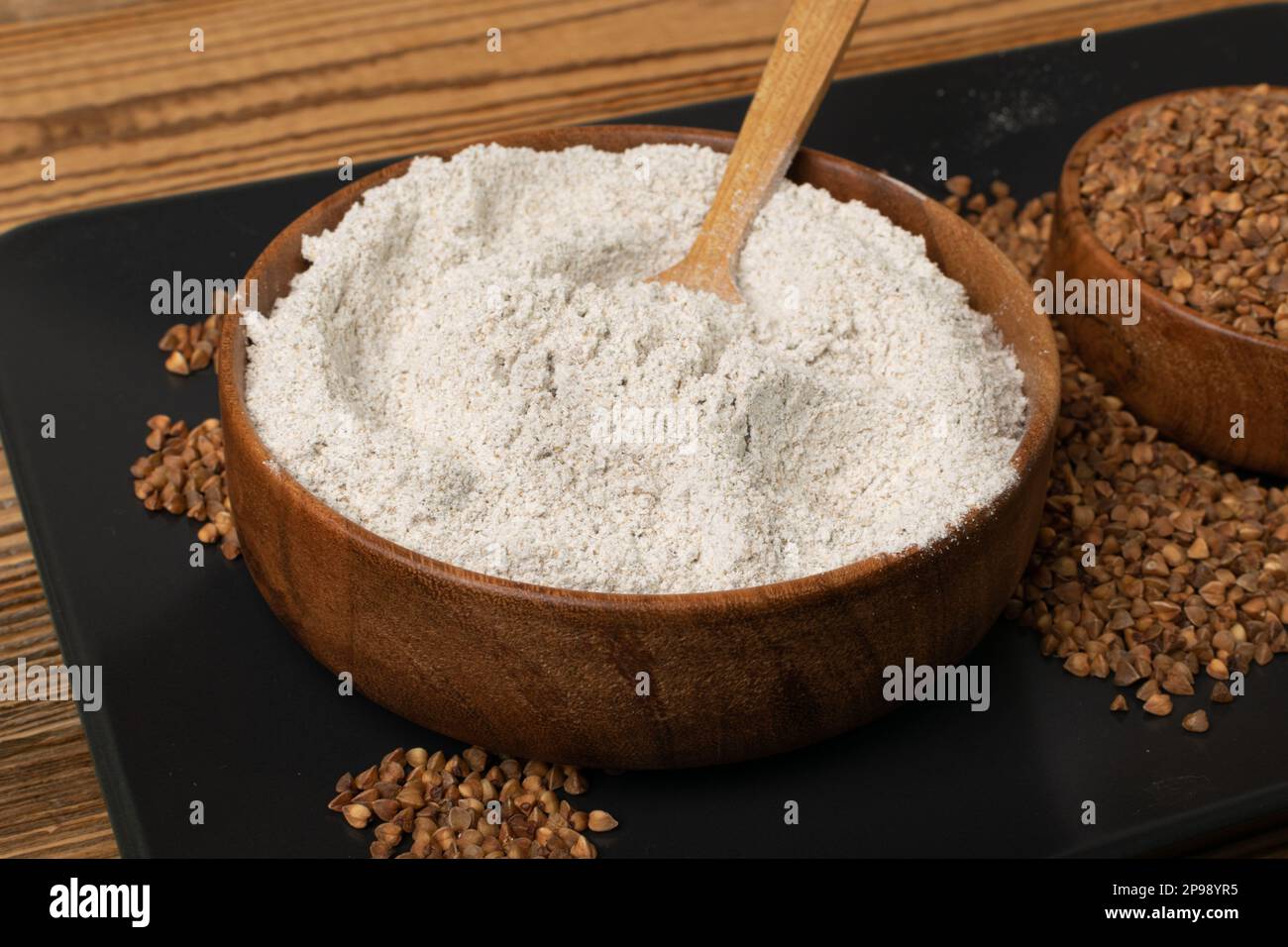 Buckwheat Flour Pile in Wood Bowl, Dry Buck Wheat Powder, Buckwheat