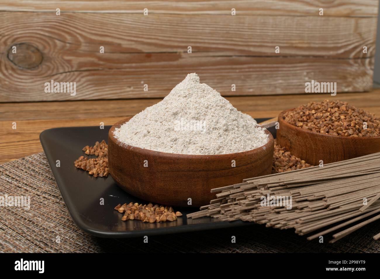 Buckwheat Flour Pile in Wood Bowl, Dry Buck Wheat Powder, Buckwheat Gluten Free Flour on Wooden