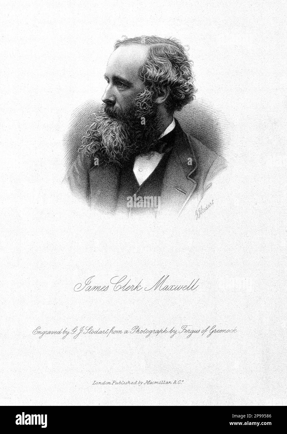 The scotish Physicist  James Clerk MAXWELL ( 1831 - 1879 ). Engraved portrait by by G.J. Stodart from a photograph by Fergus of Greenock , 1881 .   - foto storiche - foto storica  - scienziato - scientist  - portrait - ritratto  -  Physics - FISICA - FISICO - SCIENZA - SCIENCE  - illustrazione  - engraving - beard - barba - profilo - profile  ----   Archivio GBB Stock Photo